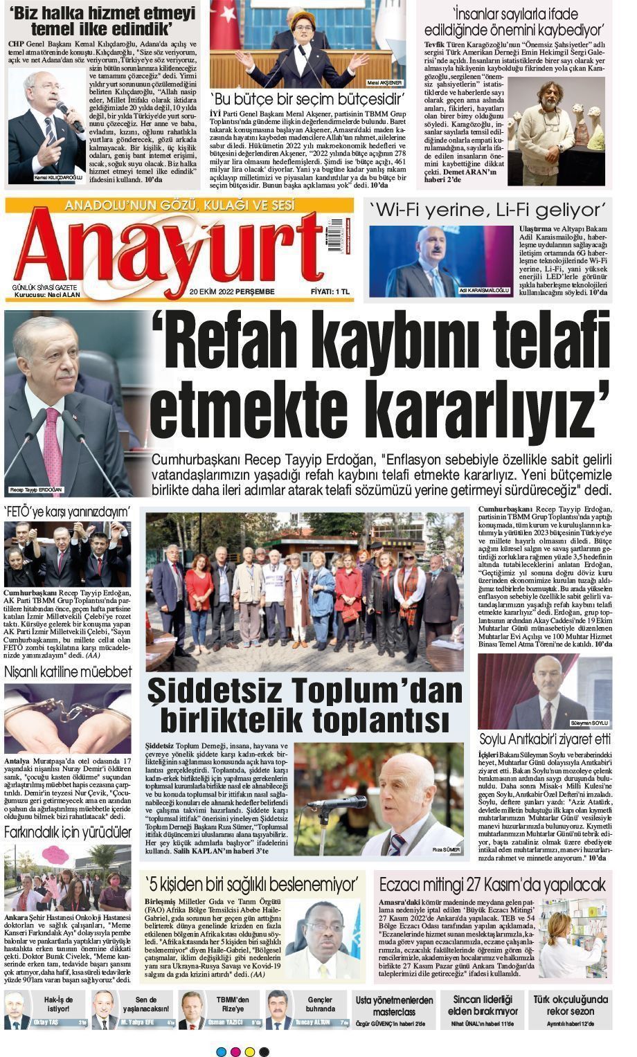 20 Ekim 2022 Anayurt Gazete Manşeti