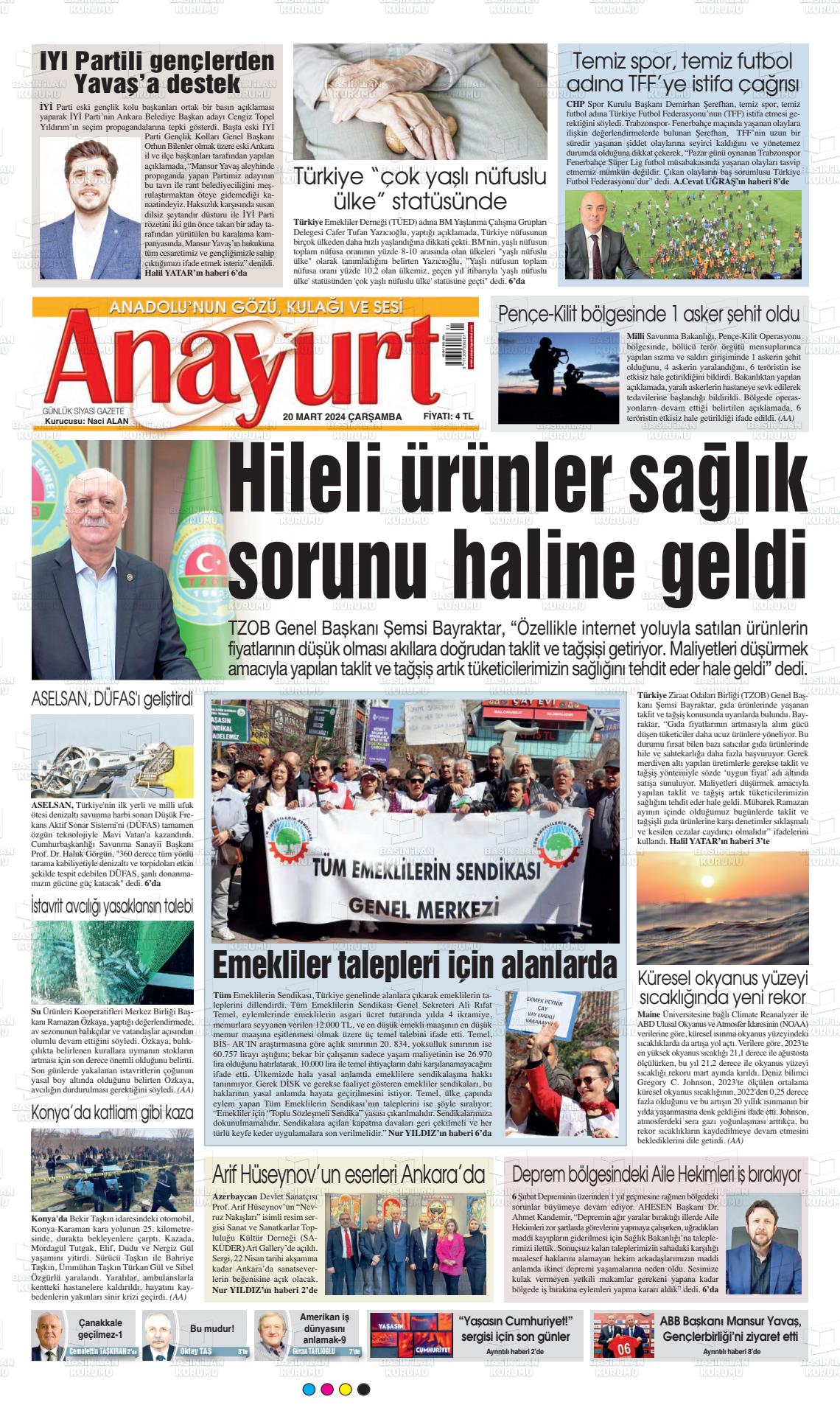 20 Mart 2024 Anayurt Gazete Manşeti