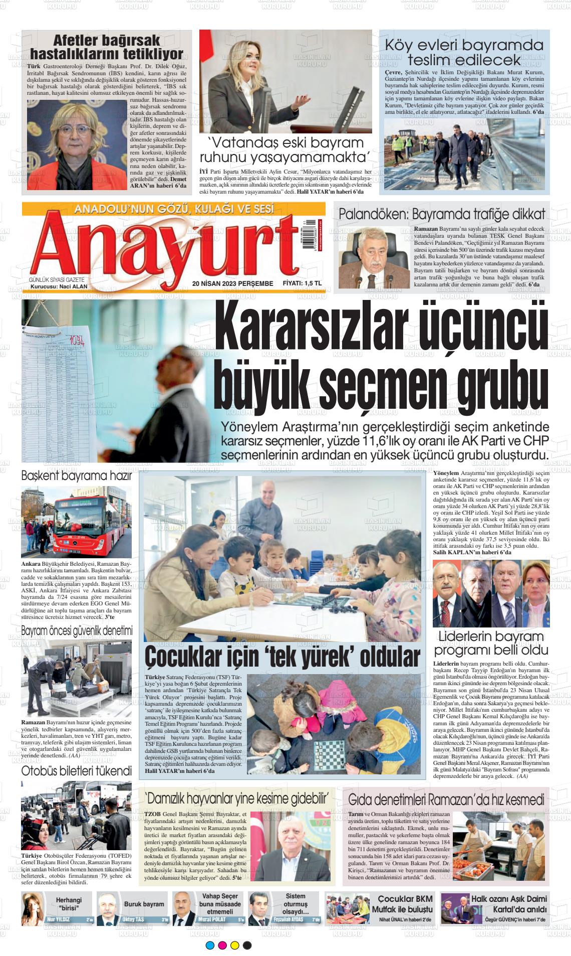 20 Nisan 2023 Anayurt Gazete Manşeti