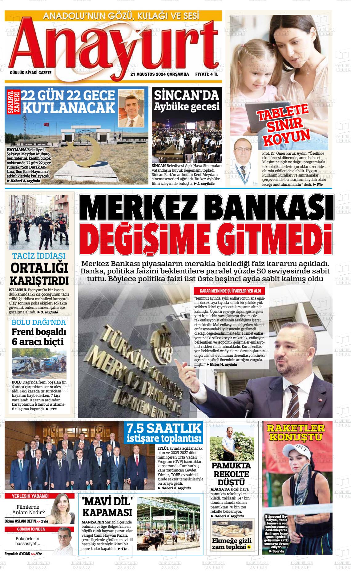 21 Ağustos 2024 Anayurt Gazete Manşeti