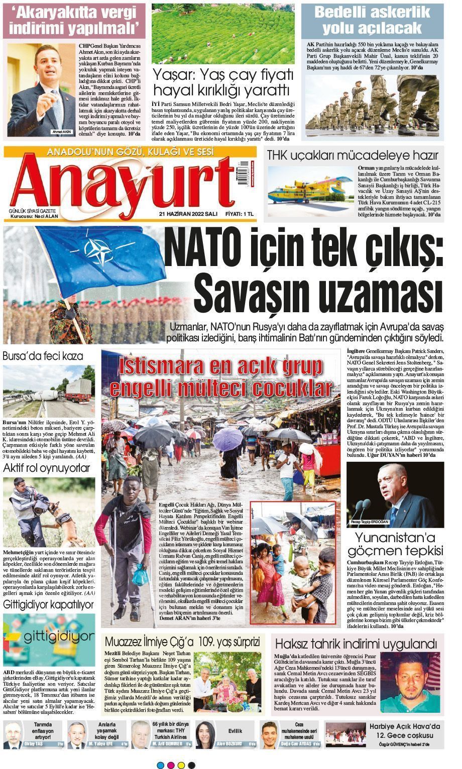 21 Haziran 2022 Anayurt Gazete Manşeti