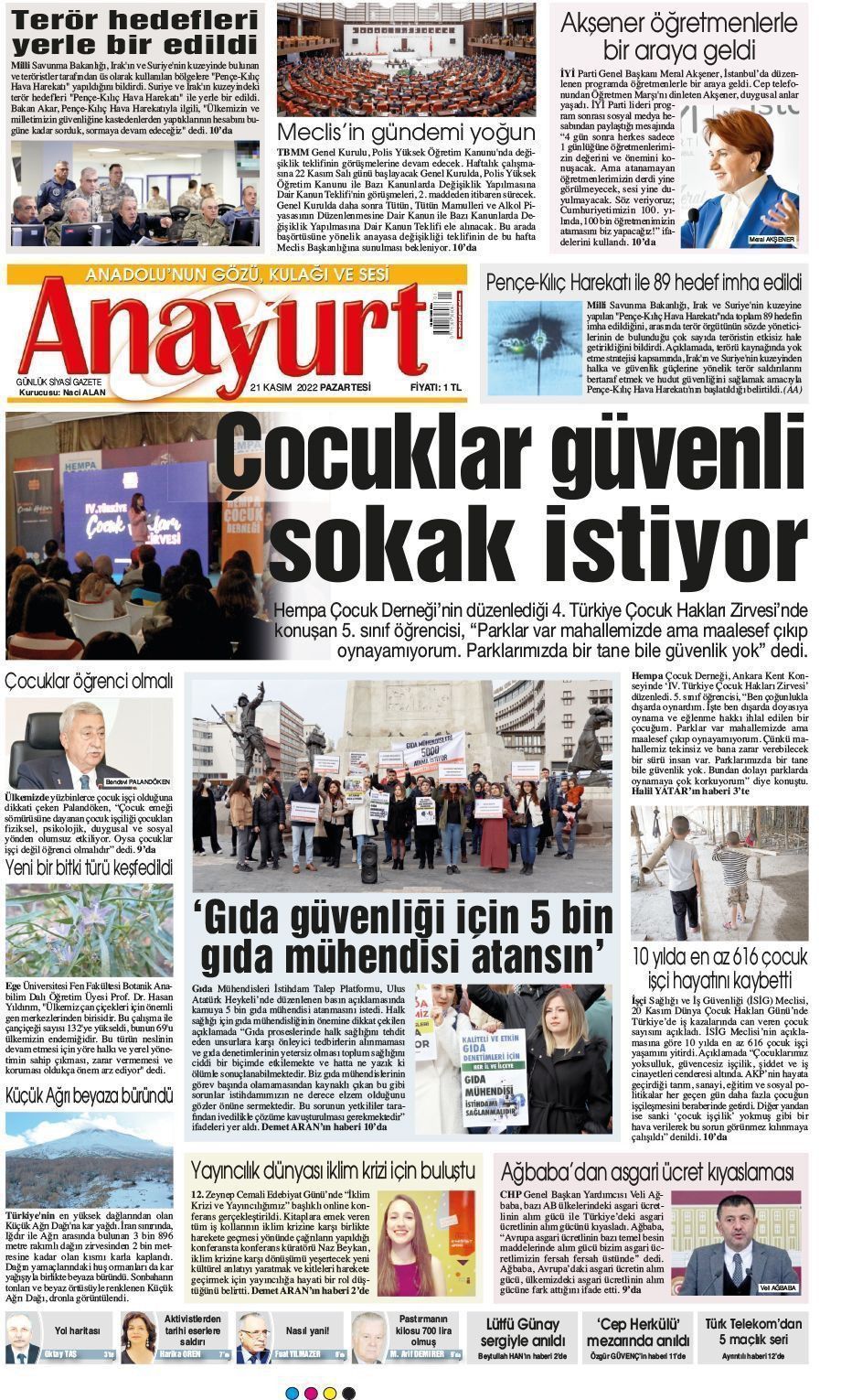 21 Kasım 2022 Anayurt Gazete Manşeti