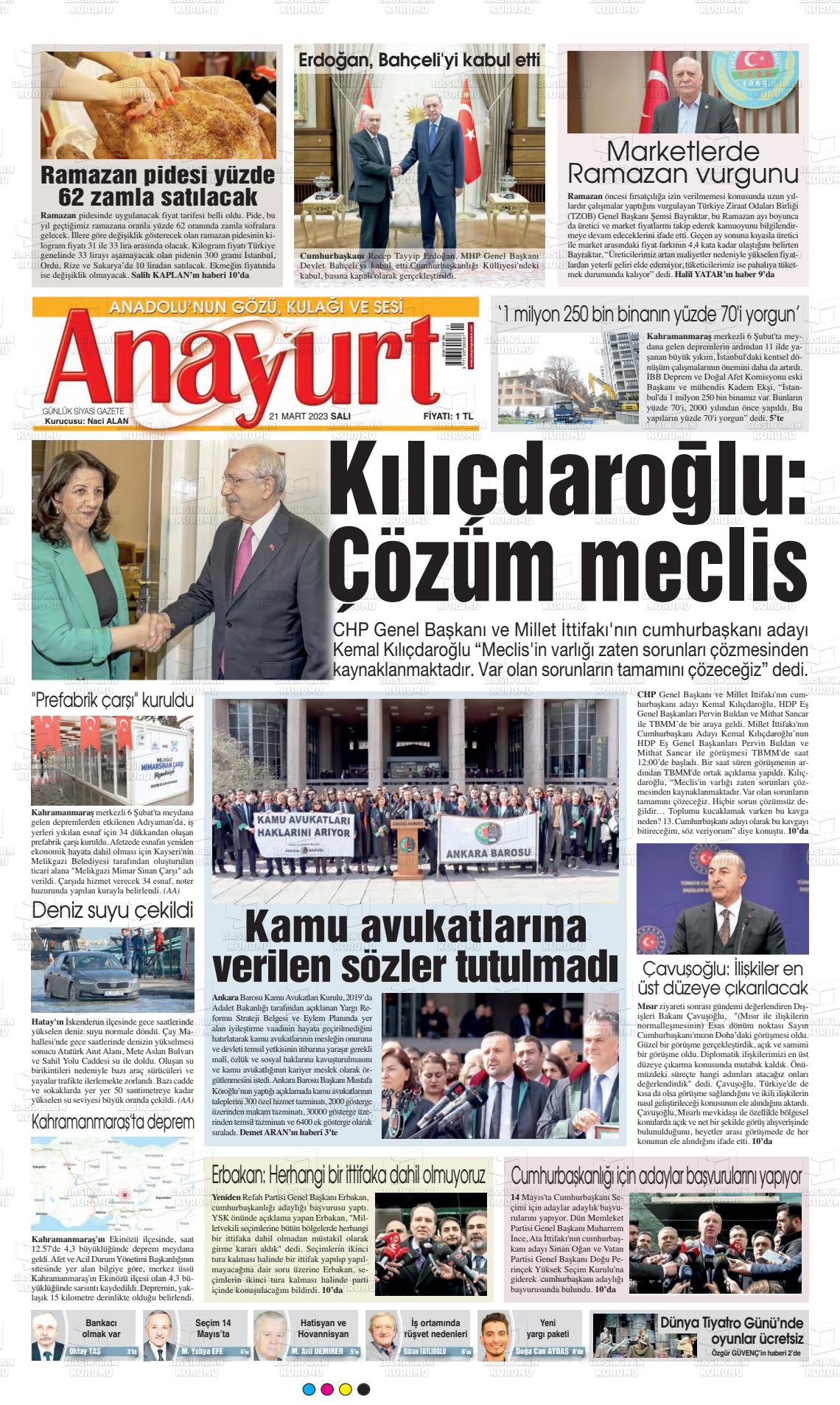 21 Mart 2023 Anayurt Gazete Manşeti