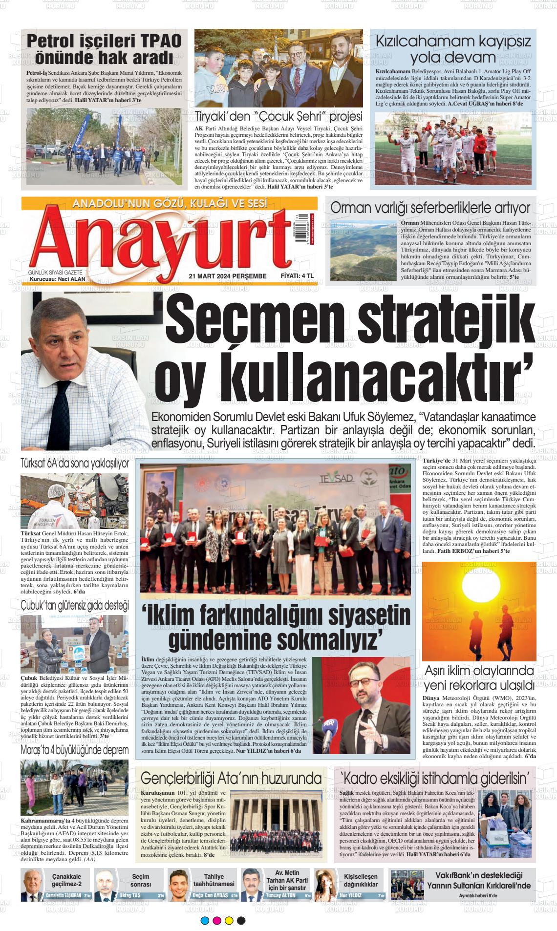 21 Mart 2024 Anayurt Gazete Manşeti