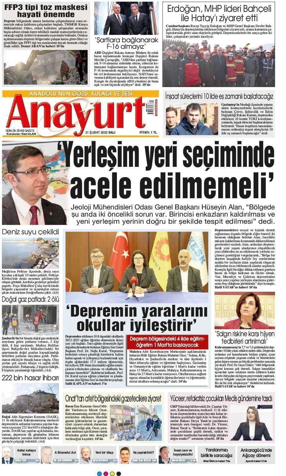 21 Şubat 2023 Anayurt Gazete Manşeti