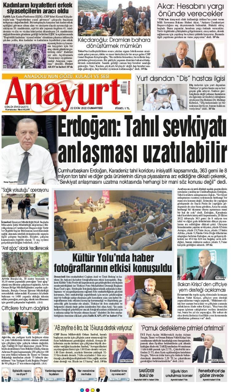 22 Ekim 2022 Anayurt Gazete Manşeti