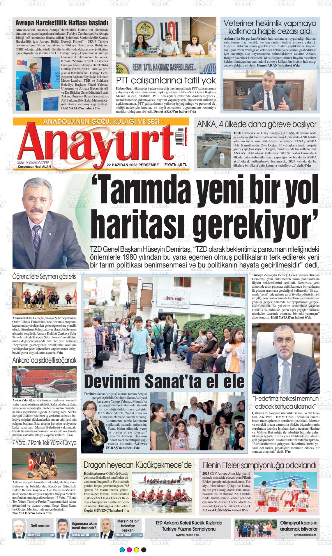 22 Haziran 2023 Anayurt Gazete Manşeti