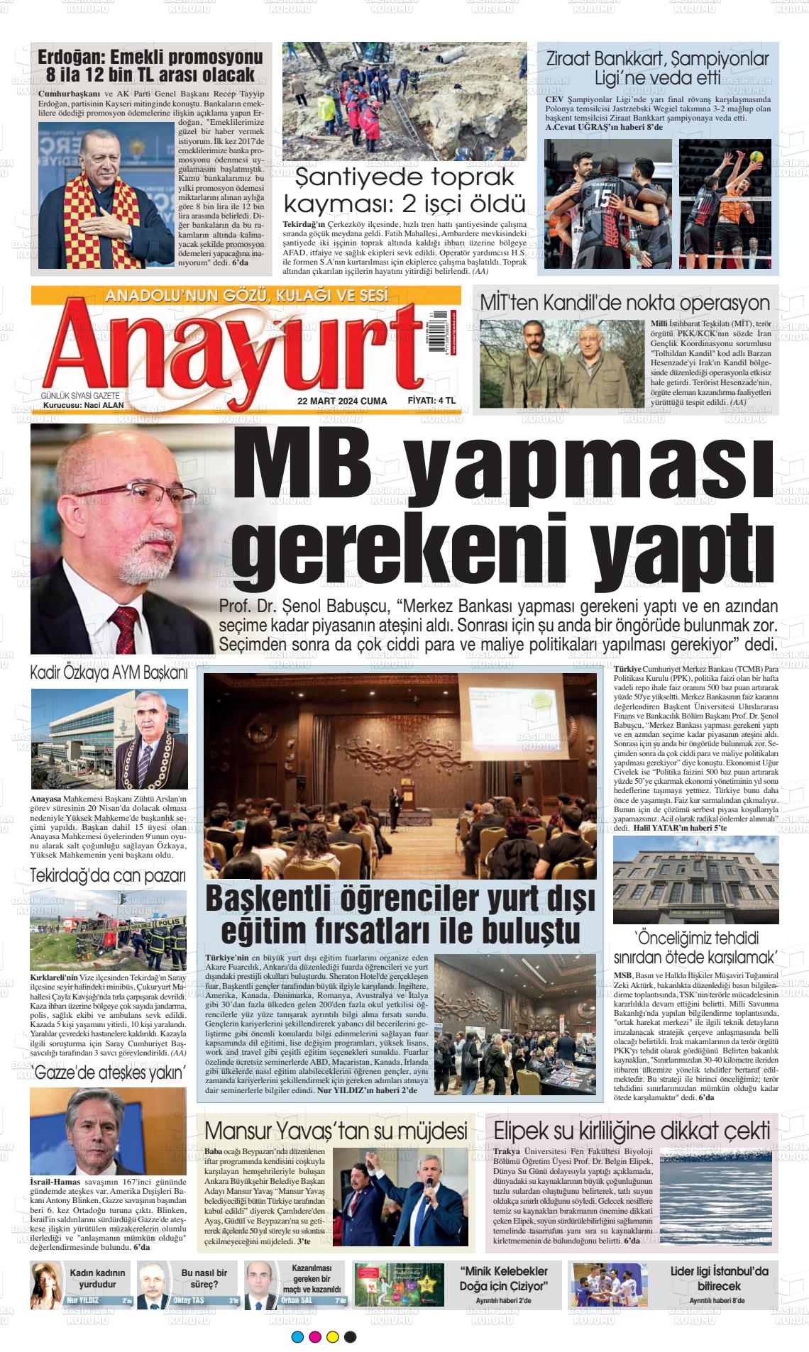 22 Mart 2024 Anayurt Gazete Manşeti