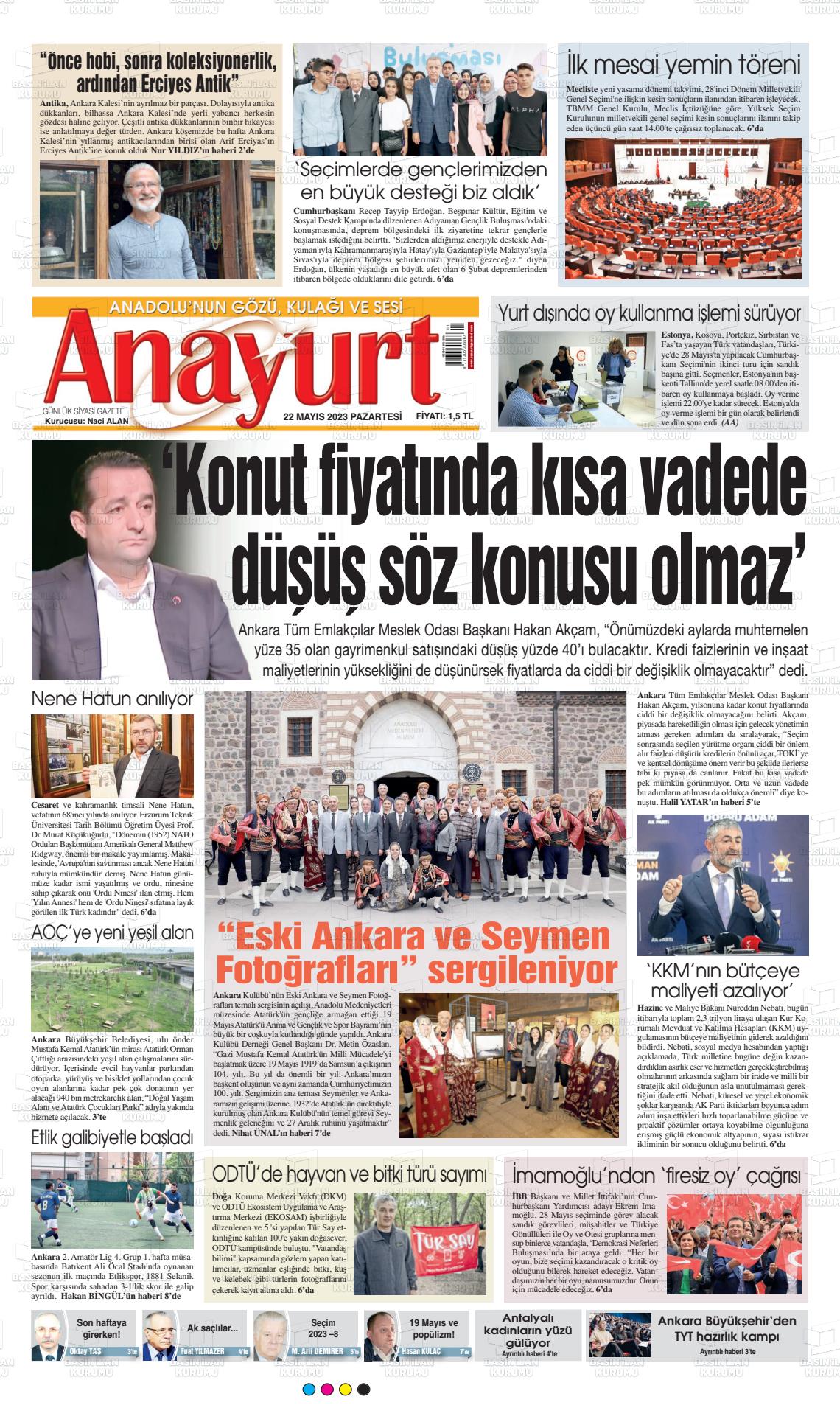 22 Mayıs 2023 Anayurt Gazete Manşeti