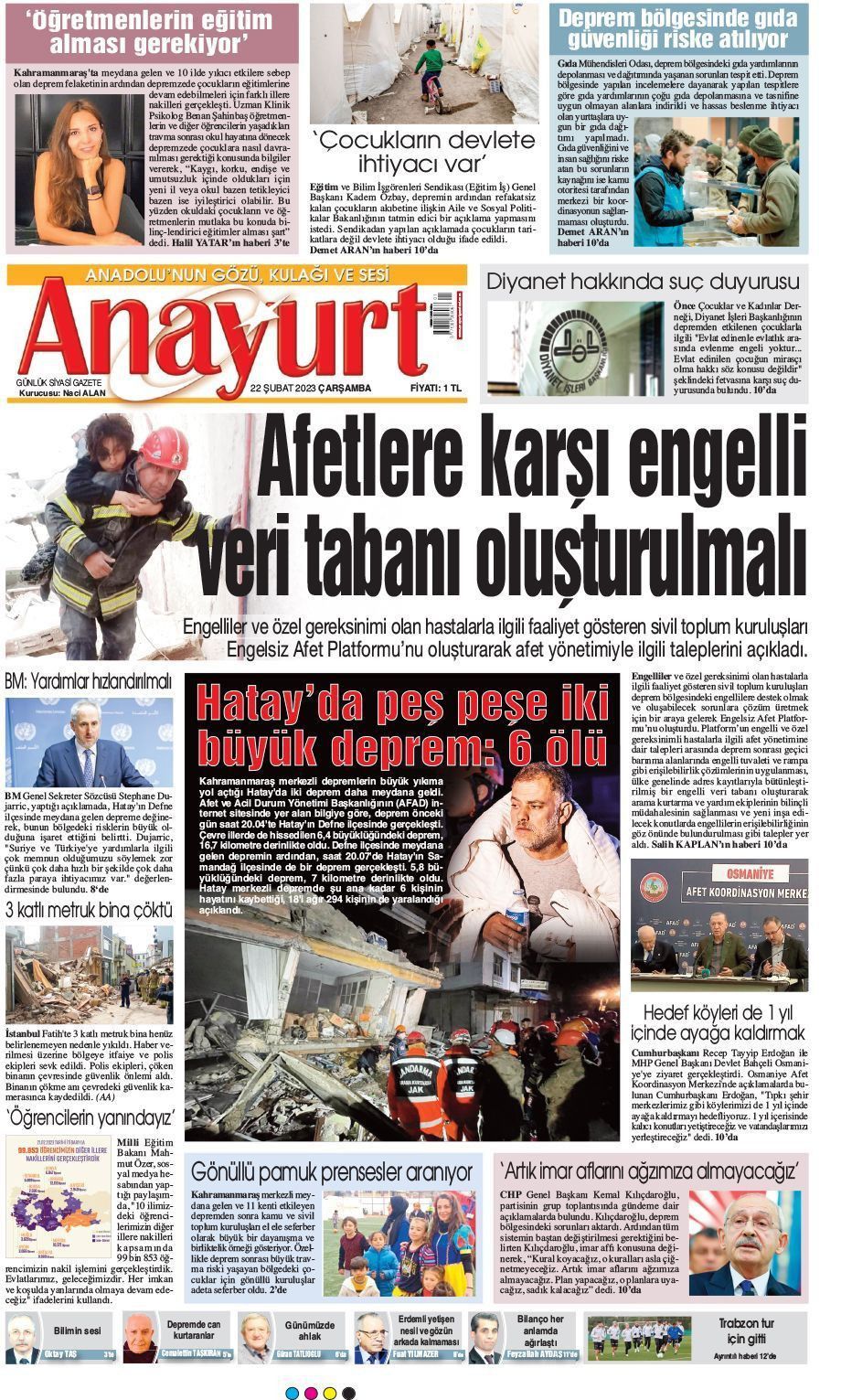 22 Şubat 2023 Anayurt Gazete Manşeti