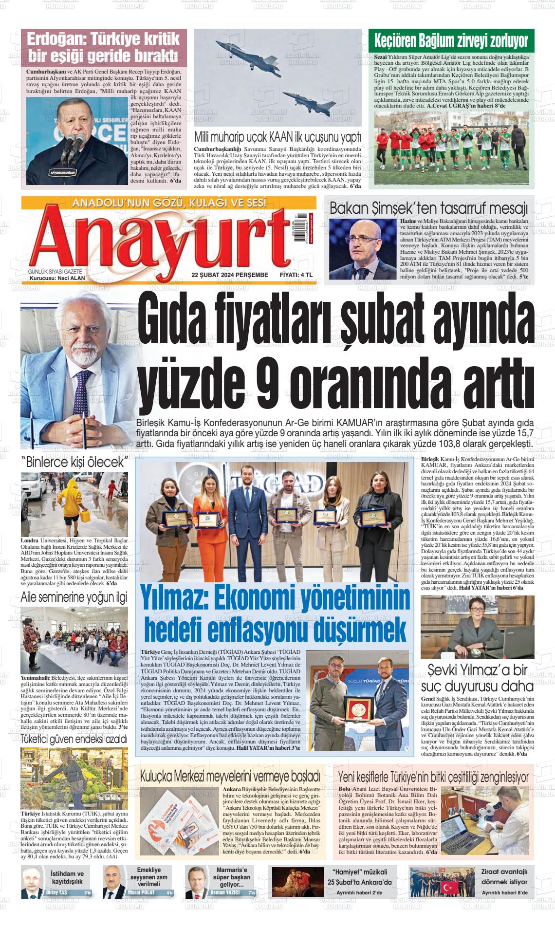 22 Şubat 2024 Anayurt Gazete Manşeti