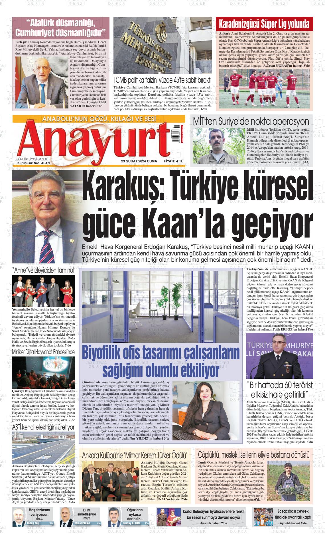 23 Şubat 2024 Anayurt Gazete Manşeti