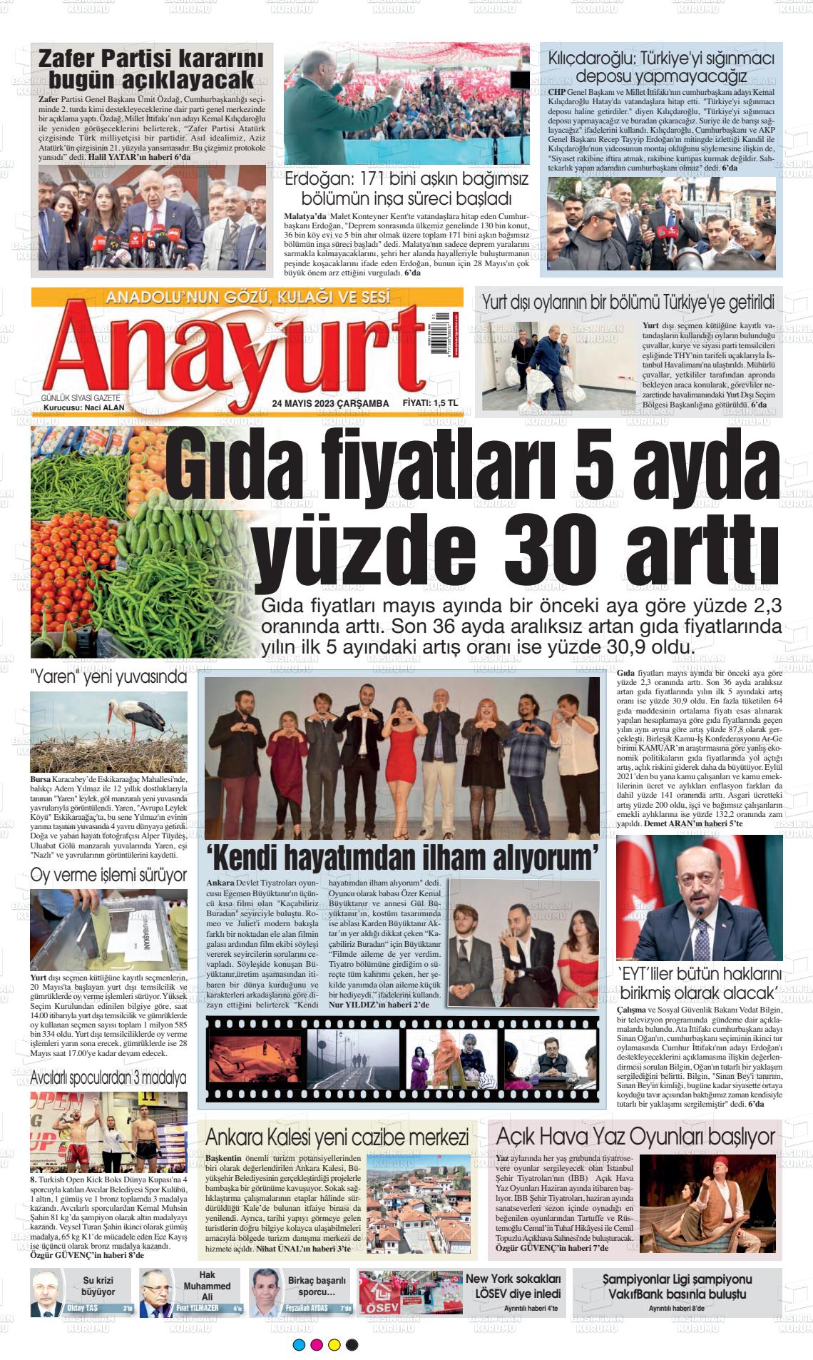 24 Mayıs 2023 Anayurt Gazete Manşeti