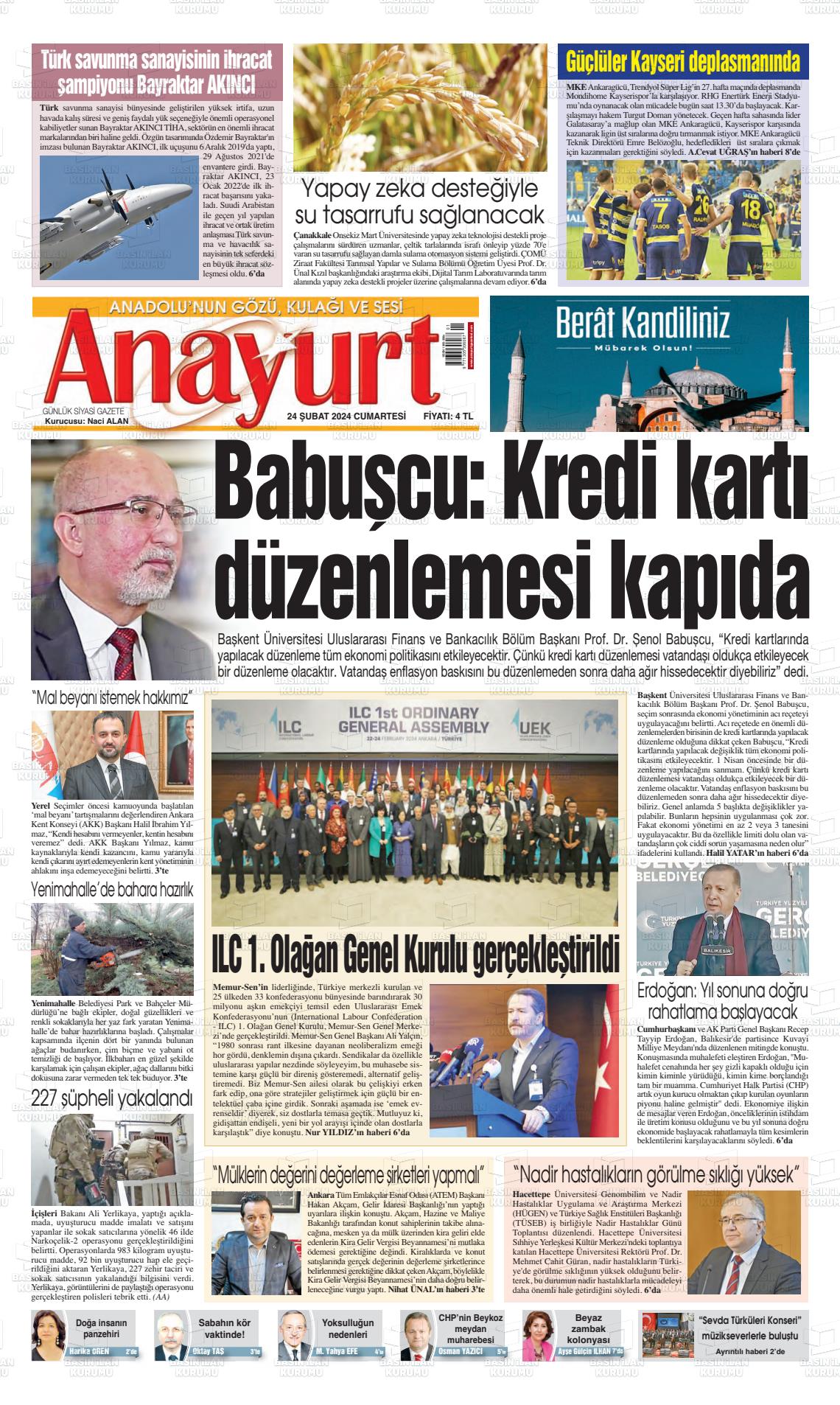 24 Şubat 2024 Anayurt Gazete Manşeti