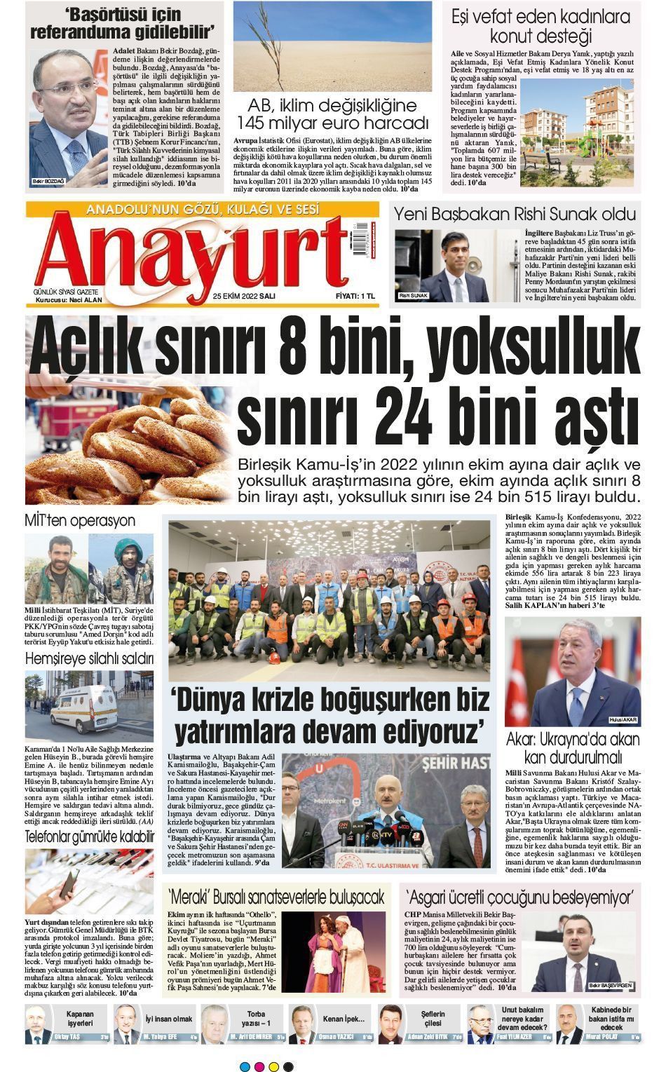 25 Ekim 2022 Anayurt Gazete Manşeti