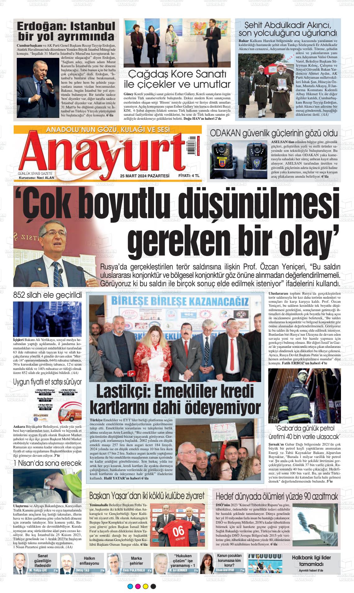 25 Mart 2024 Anayurt Gazete Manşeti