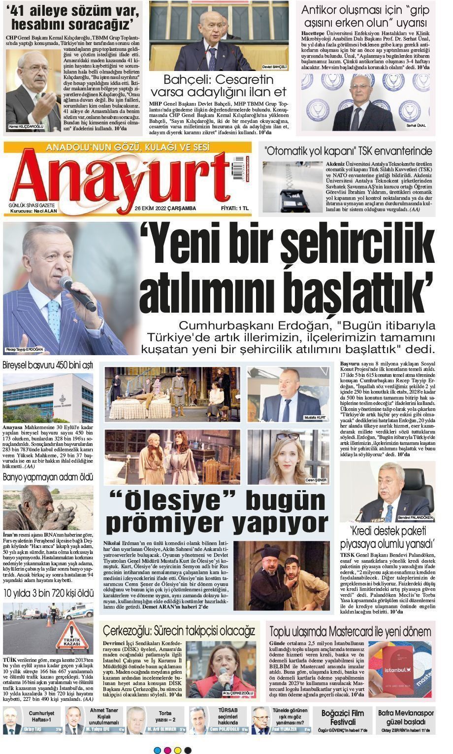 26 Ekim 2022 Anayurt Gazete Manşeti