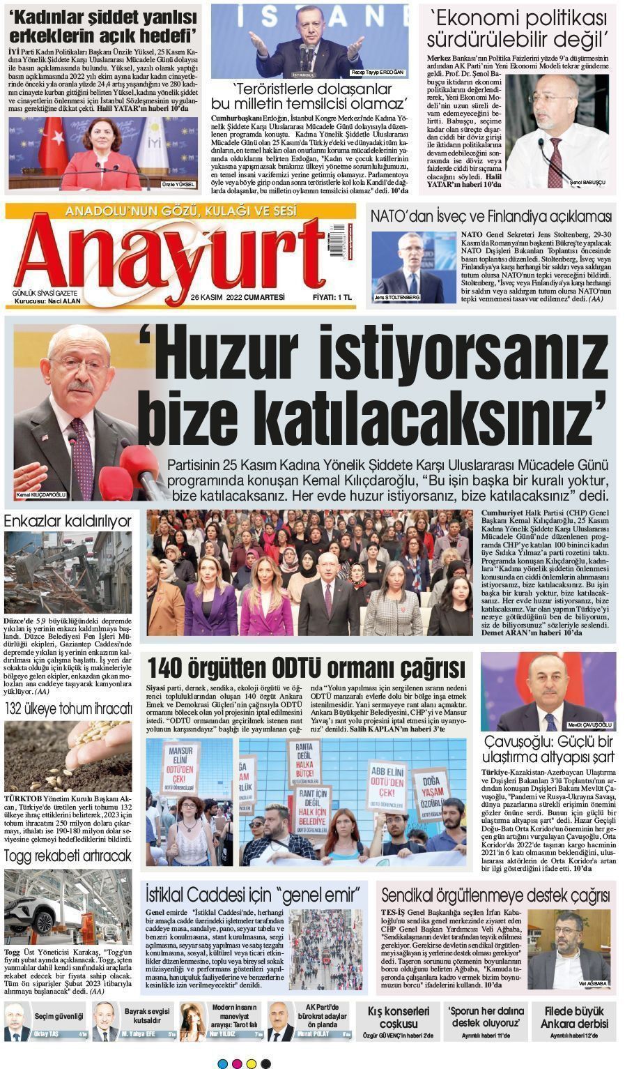 26 Kasım 2022 Anayurt Gazete Manşeti