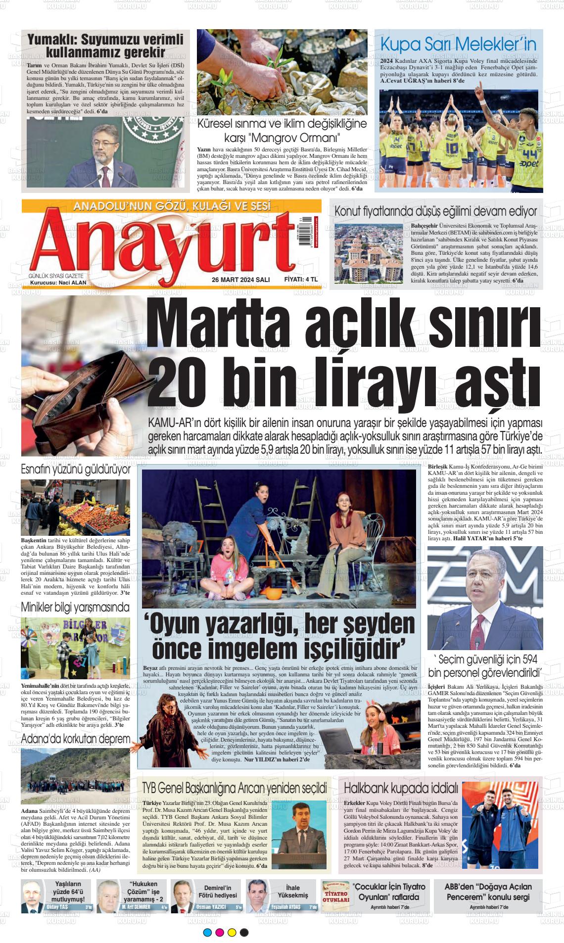 26 Mart 2024 Anayurt Gazete Manşeti