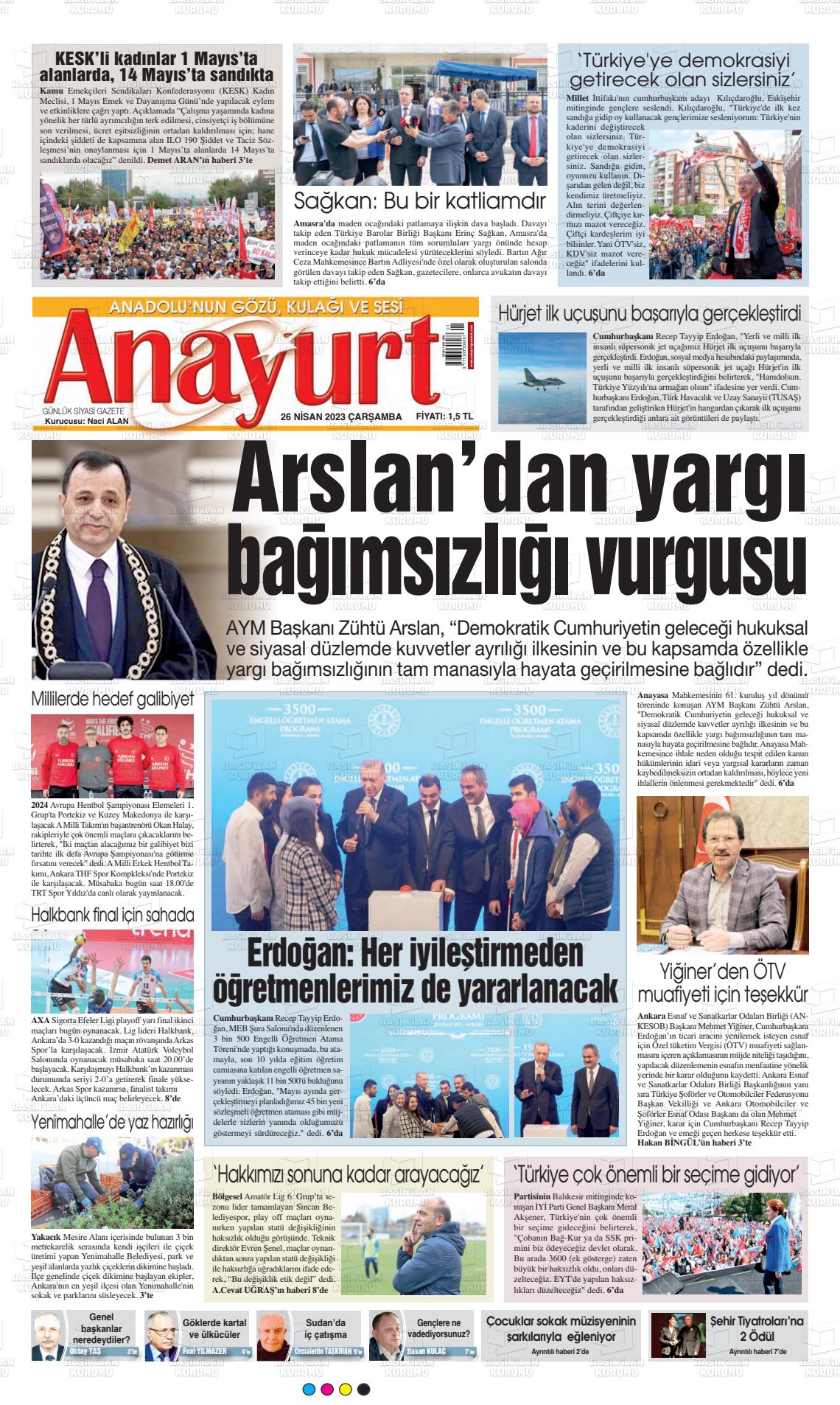 26 Nisan 2023 Anayurt Gazete Manşeti