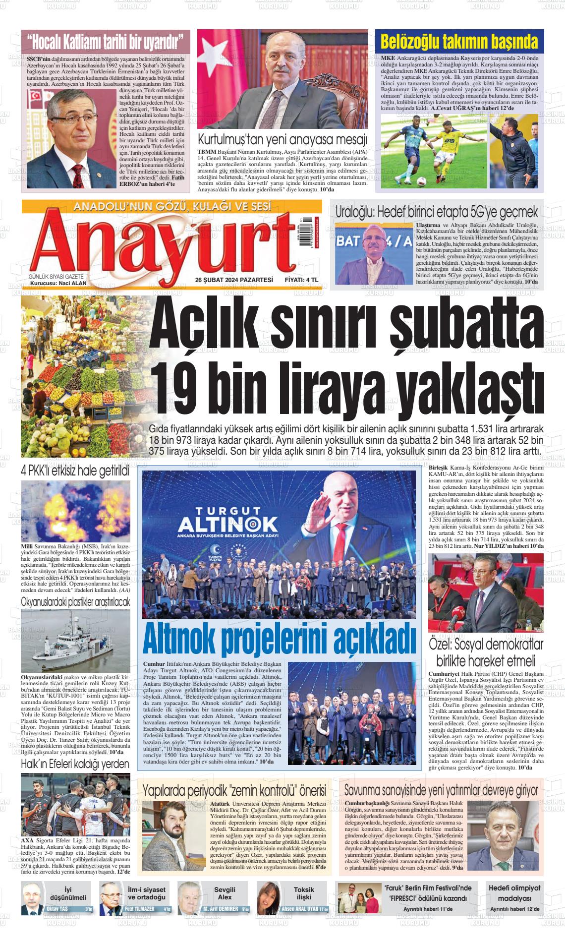 26 Şubat 2024 Anayurt Gazete Manşeti