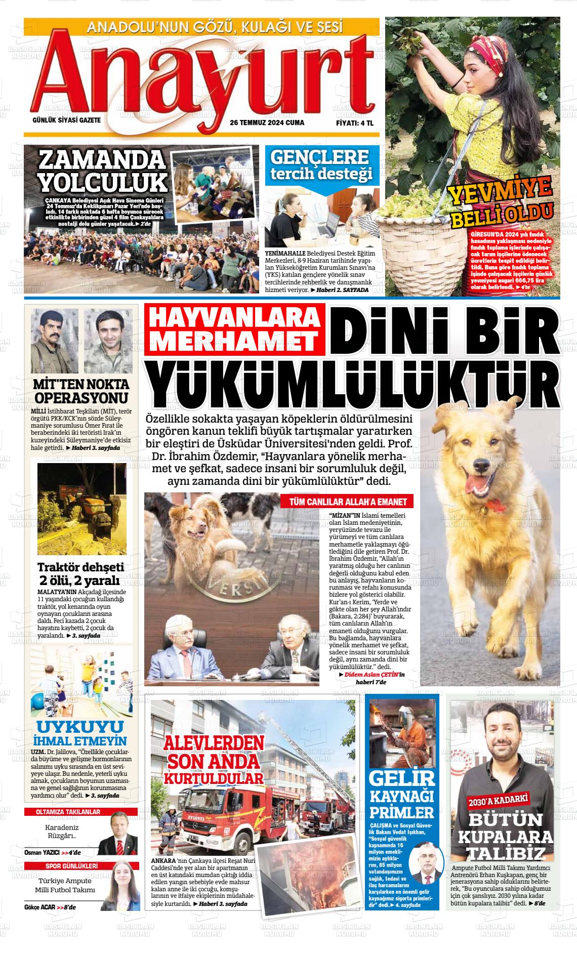 27 Temmuz 2024 Anayurt Gazete Manşeti