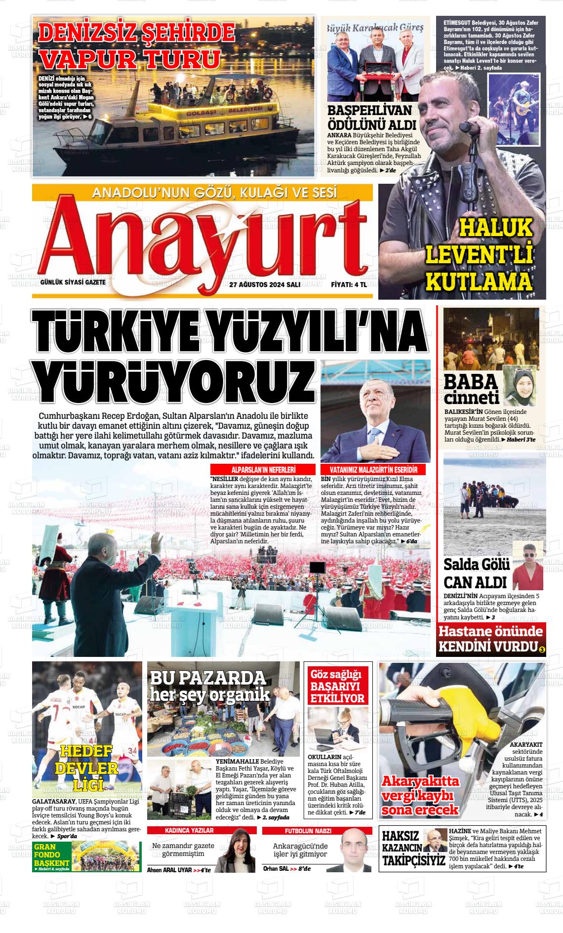 27 Ağustos 2024 Anayurt Gazete Manşeti