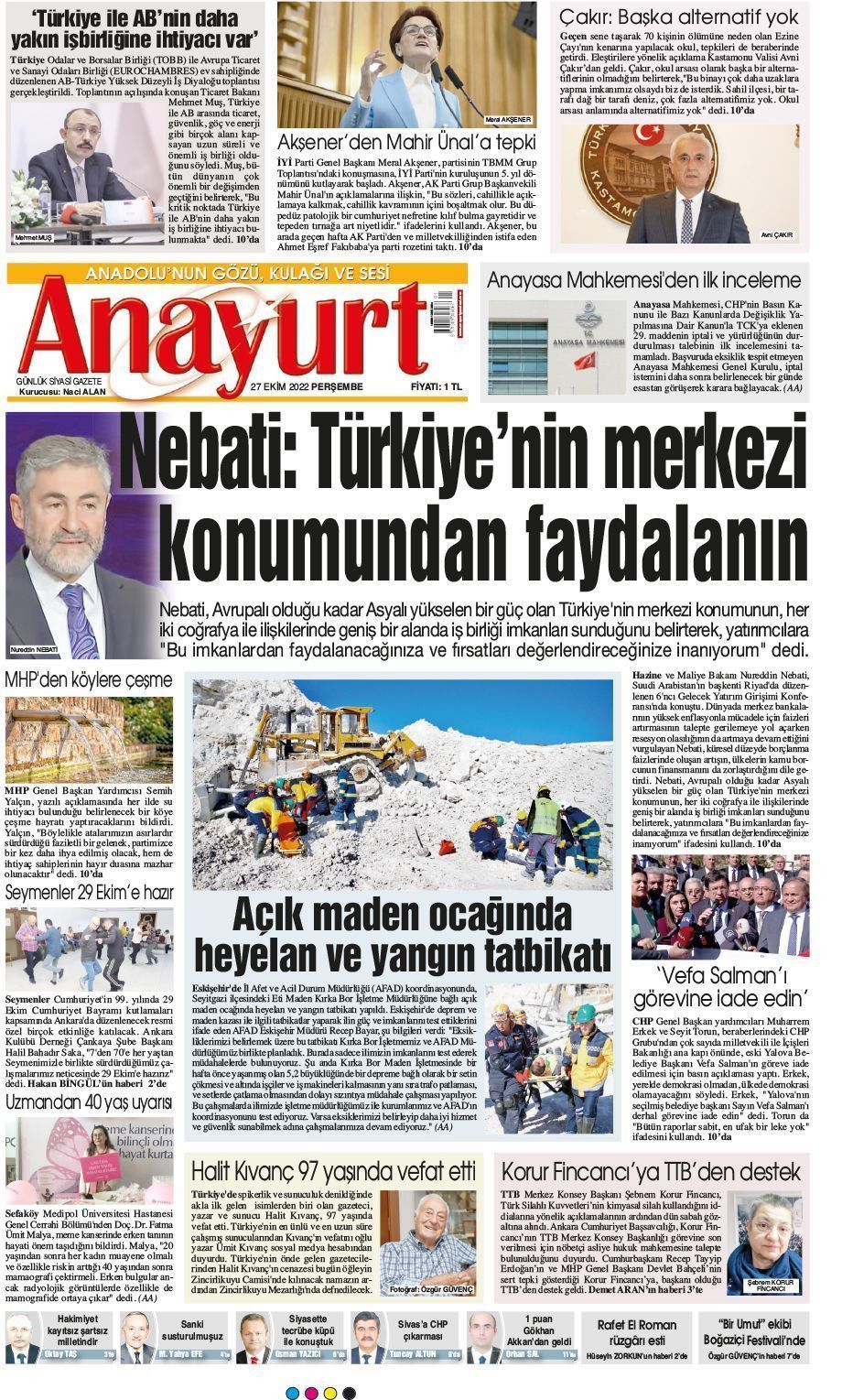 27 Ekim 2022 Anayurt Gazete Manşeti