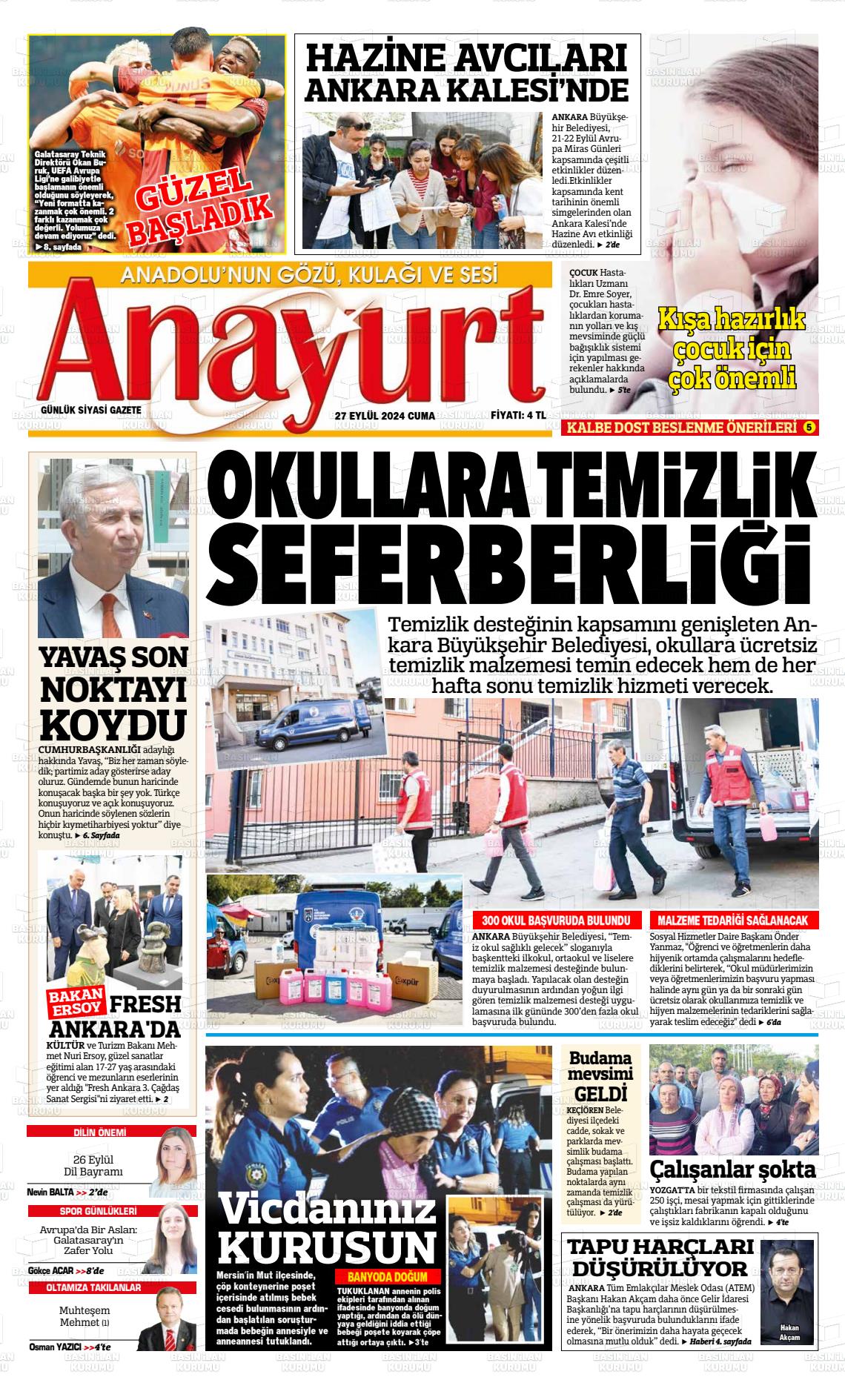 27 Eylül 2024 Anayurt Gazete Manşeti