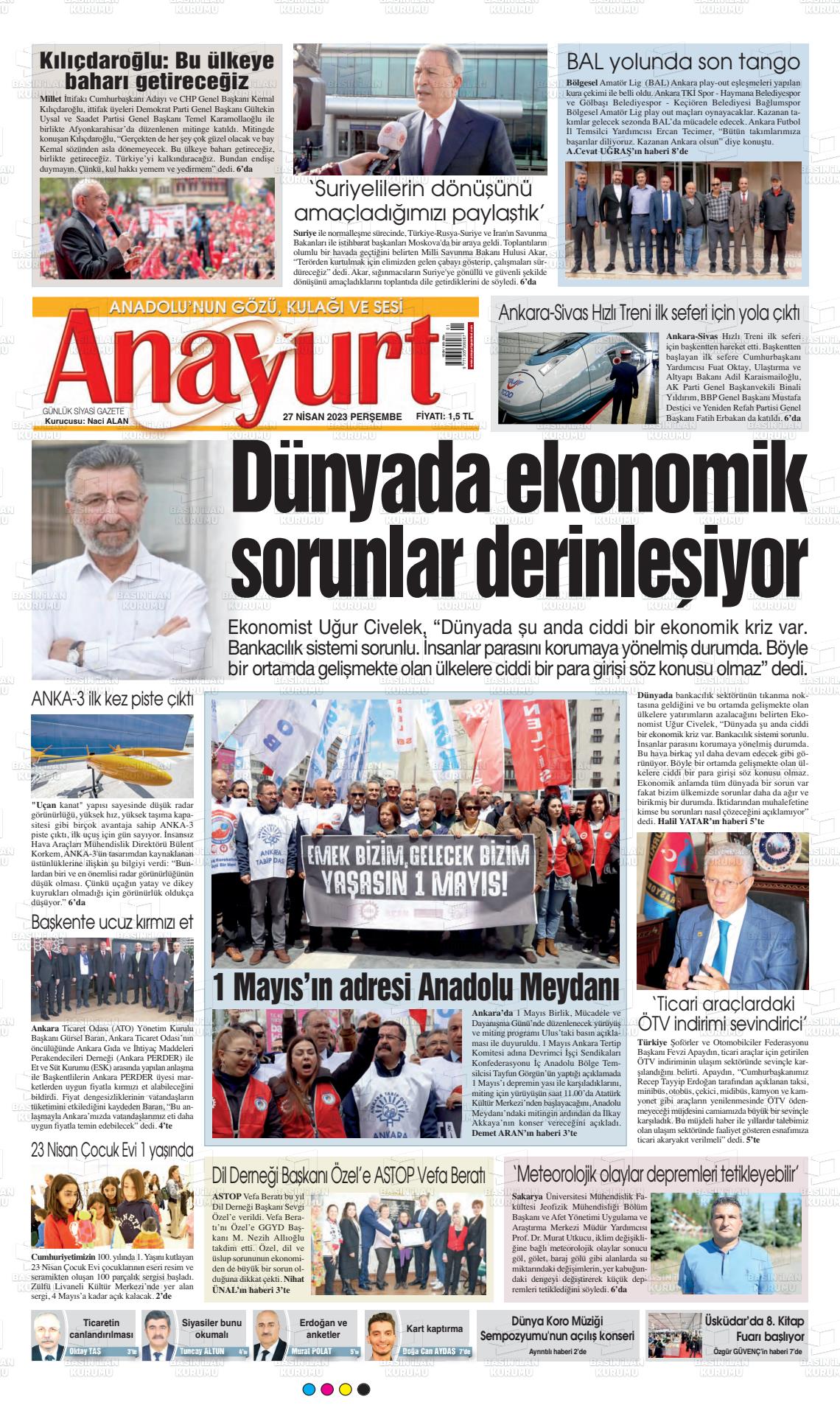 27 Nisan 2023 Anayurt Gazete Manşeti