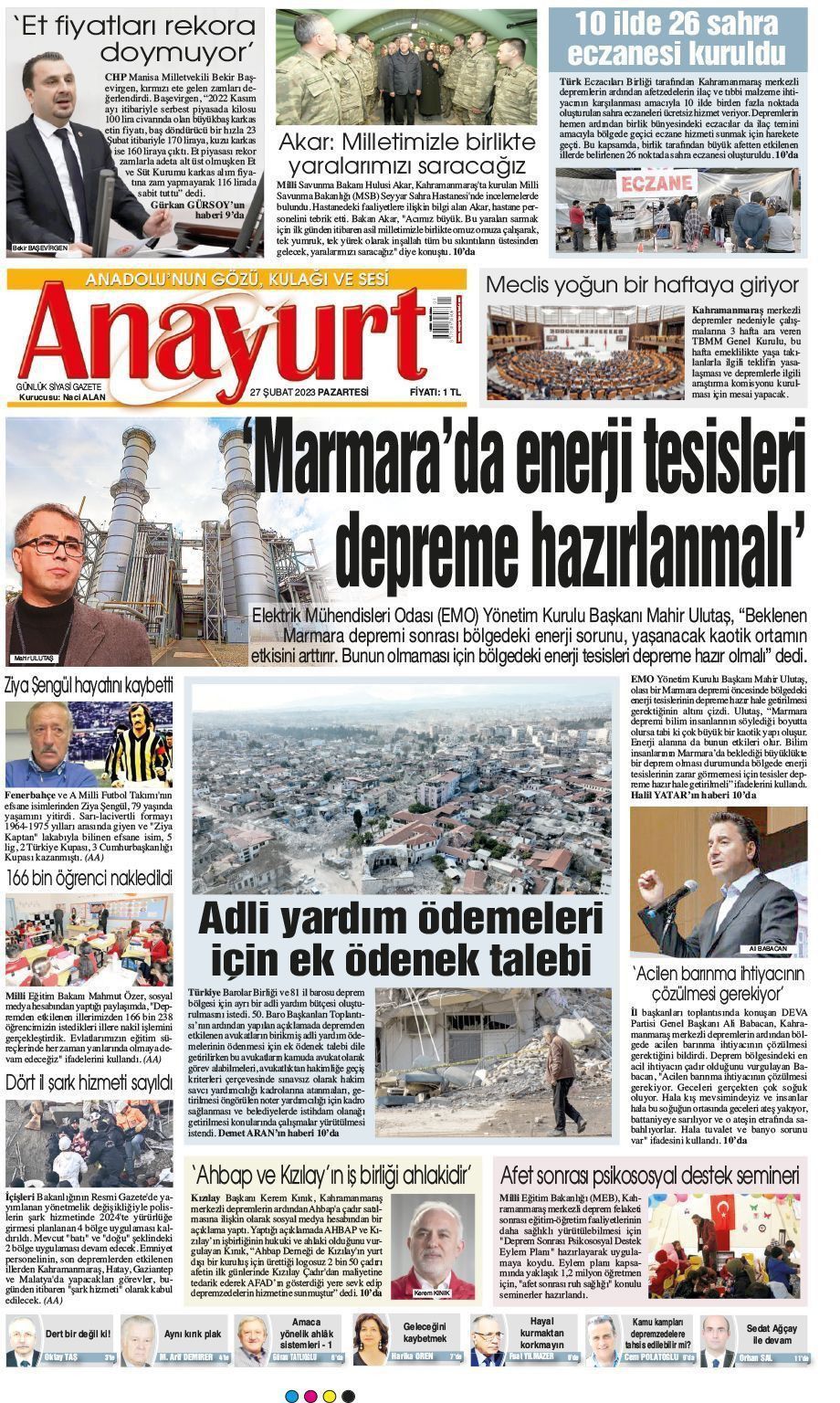 27 Şubat 2023 Anayurt Gazete Manşeti