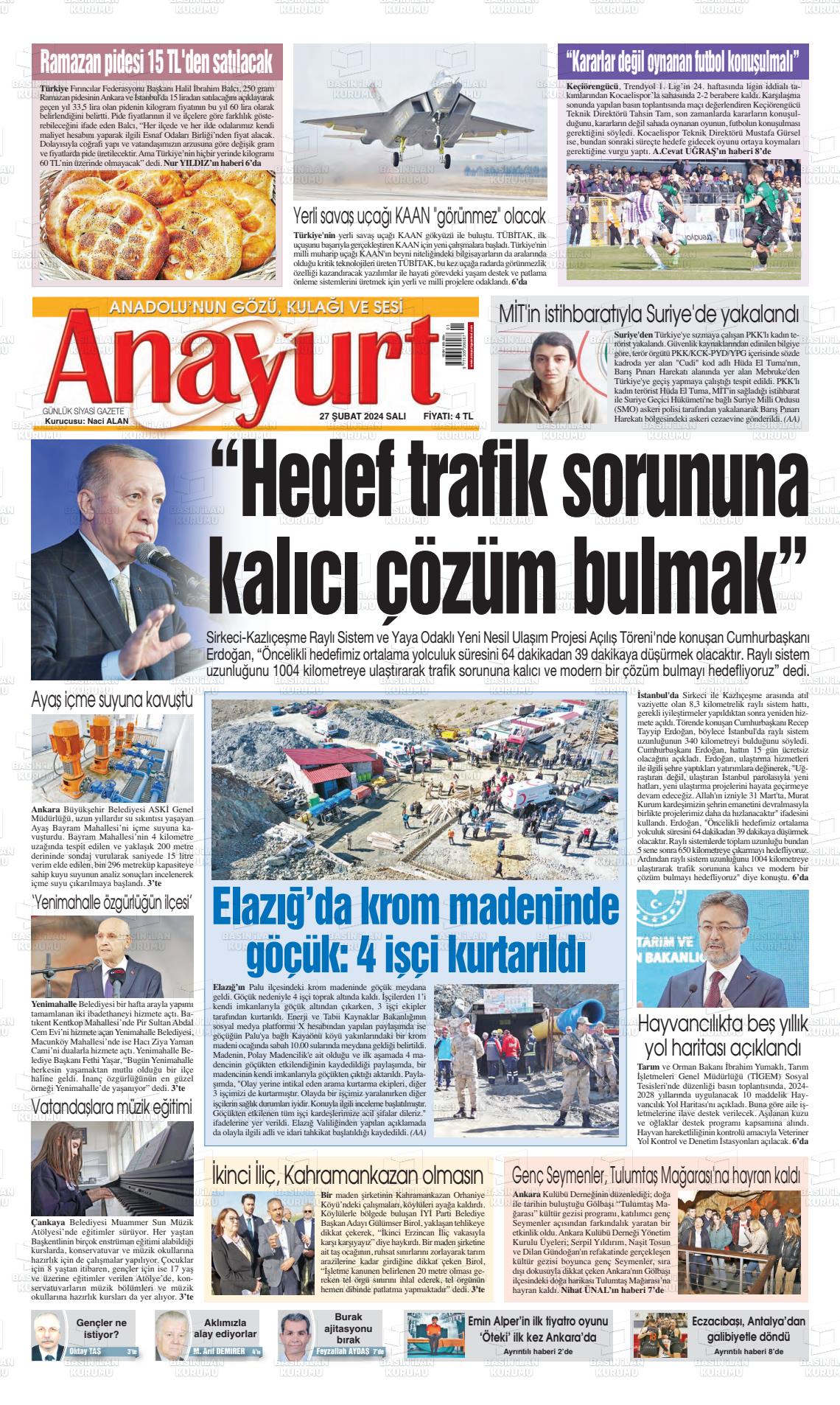 27 Şubat 2024 Anayurt Gazete Manşeti