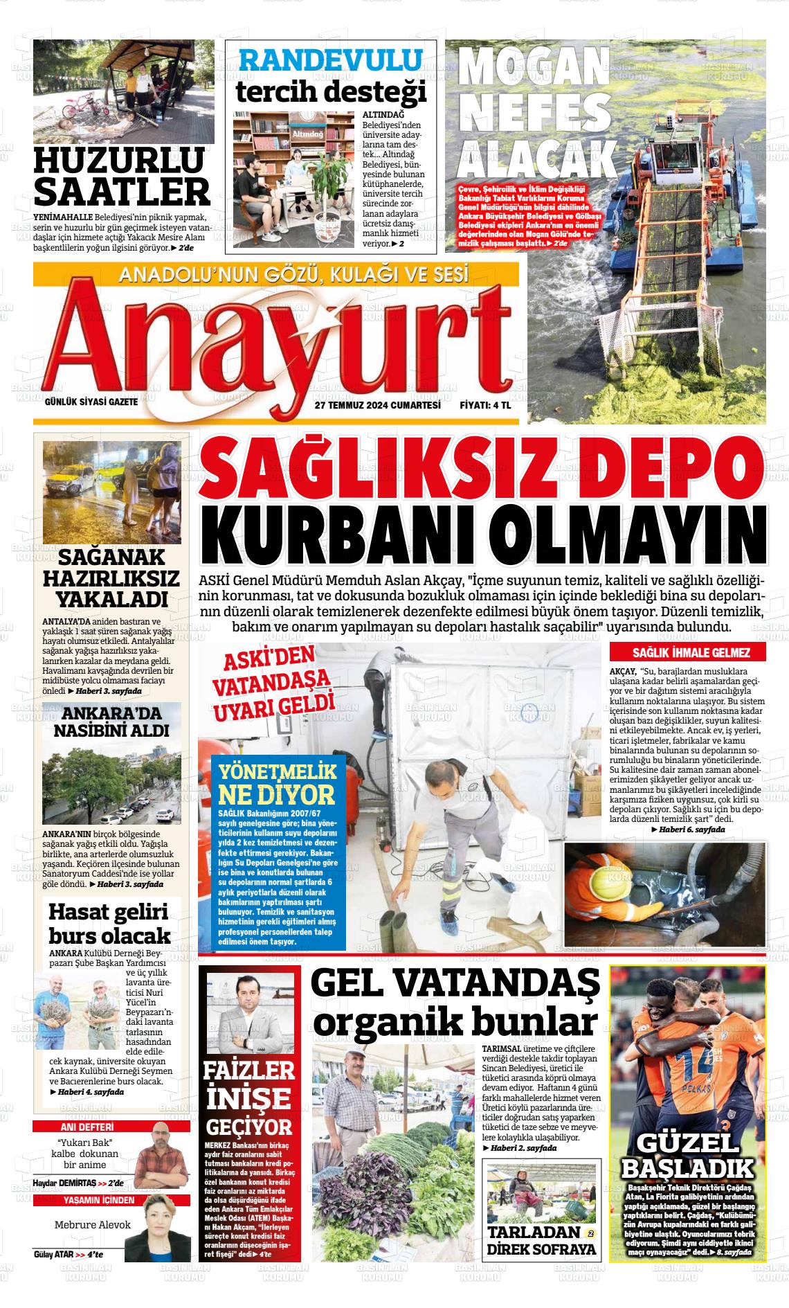 27 Temmuz 2024 Anayurt Gazete Manşeti