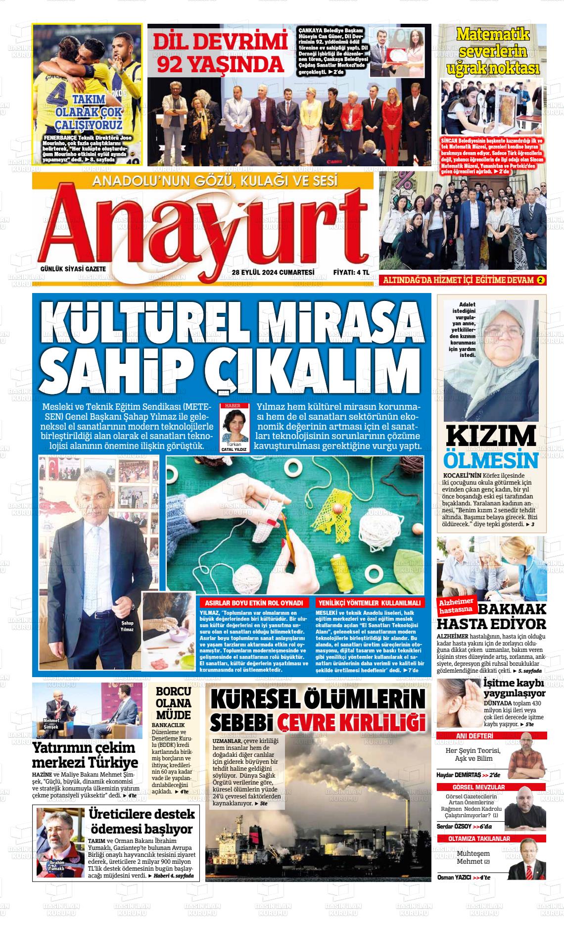 28 Eylül 2024 Anayurt Gazete Manşeti