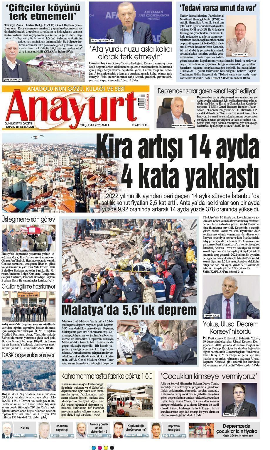 28 Şubat 2023 Anayurt Gazete Manşeti