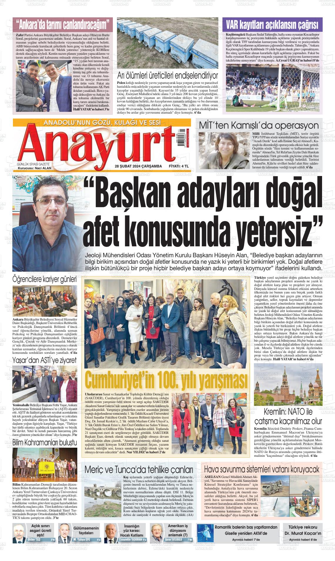 28 Şubat 2024 Anayurt Gazete Manşeti