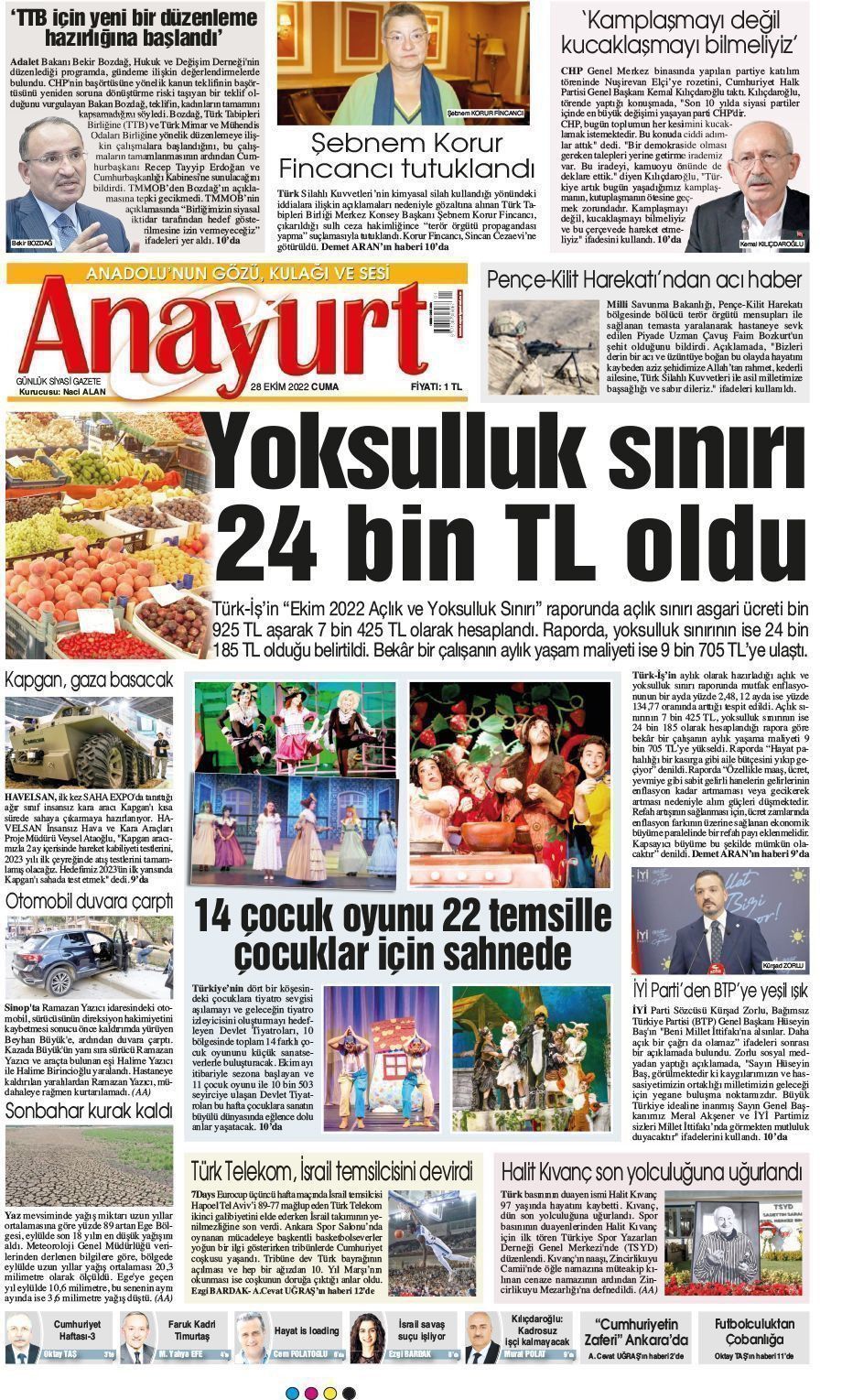 29 Ekim 2022 Anayurt Gazete Manşeti