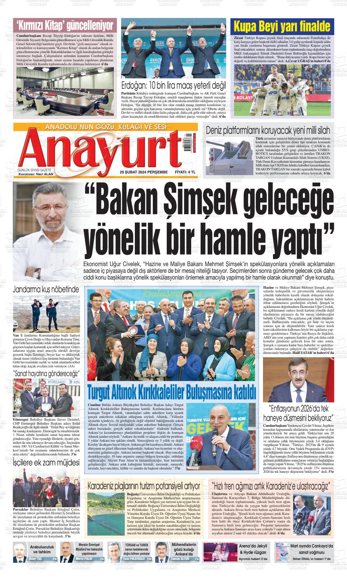 29 Şubat 2024 Anayurt Gazete Manşeti