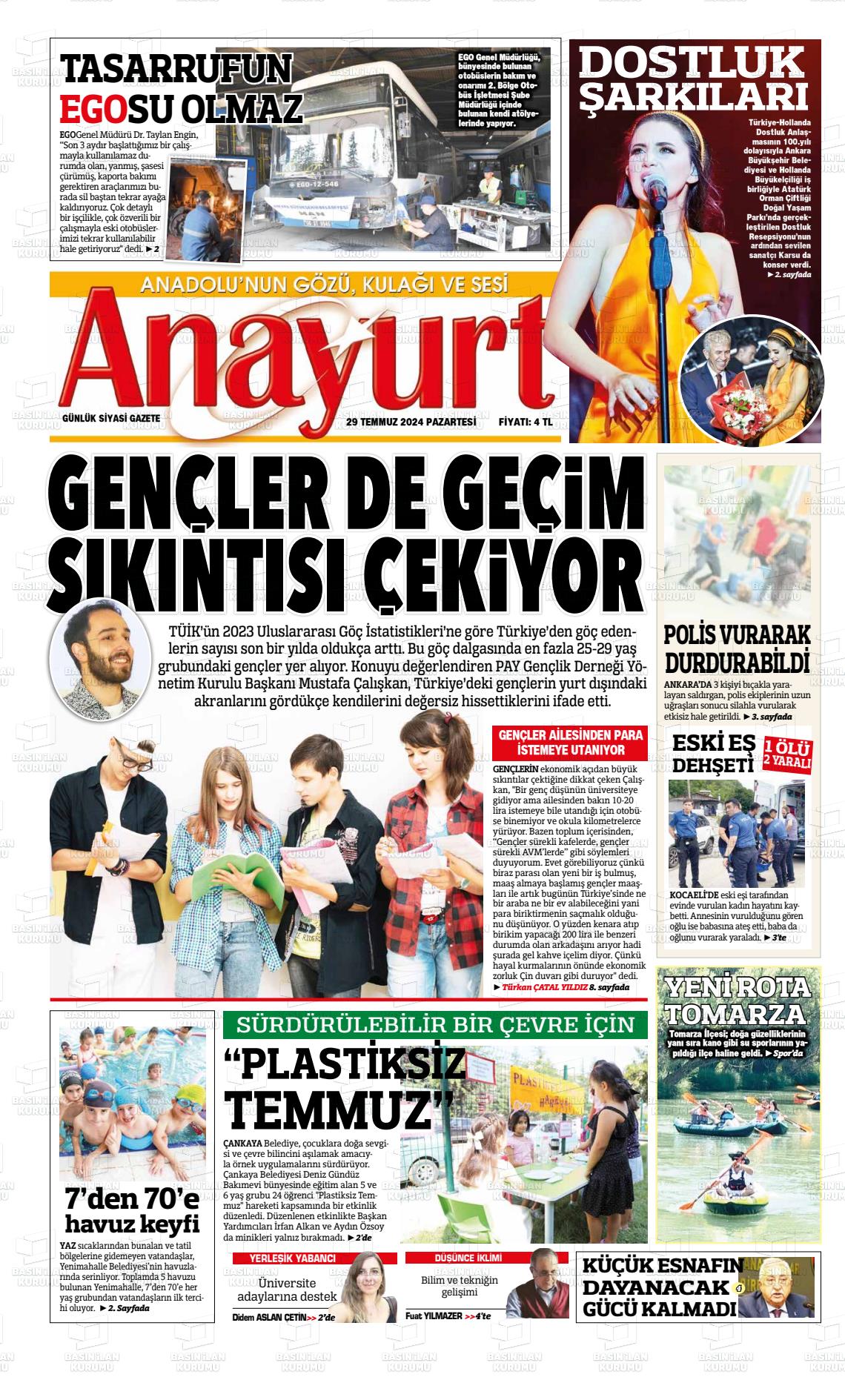 29 Temmuz 2024 Anayurt Gazete Manşeti