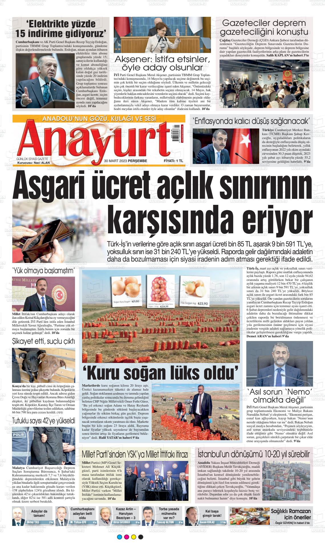 30 Mart 2023 Anayurt Gazete Manşeti