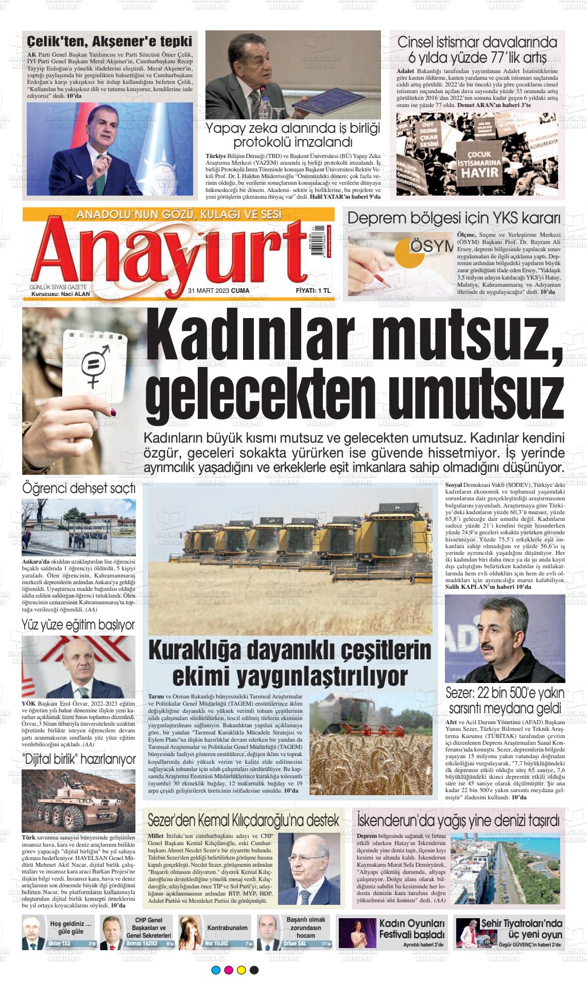 31 Mart 2023 Anayurt Gazete Manşeti