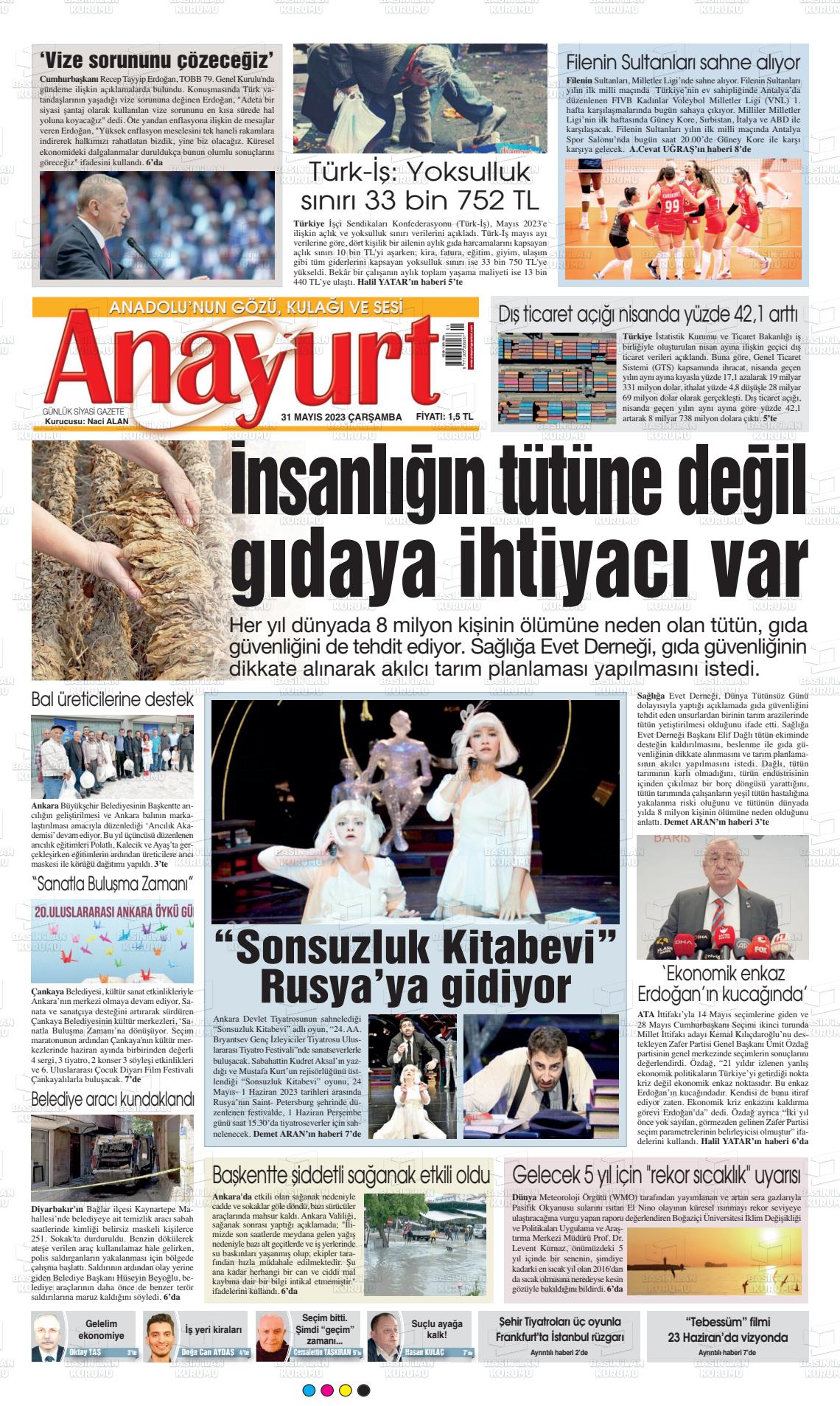 31 Mayıs 2023 Anayurt Gazete Manşeti