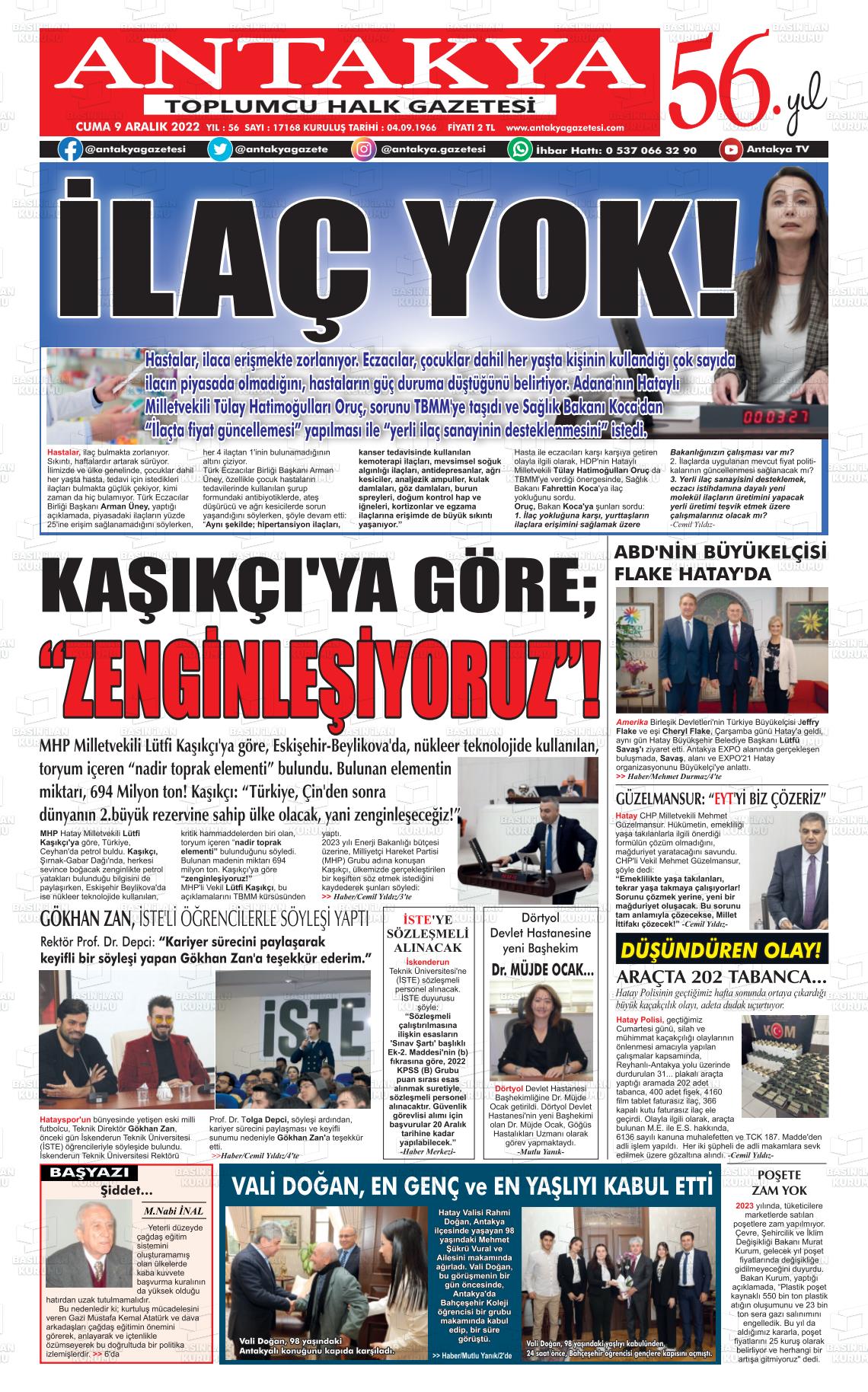 09 Aralık 2022 Antakya Gazete Manşeti