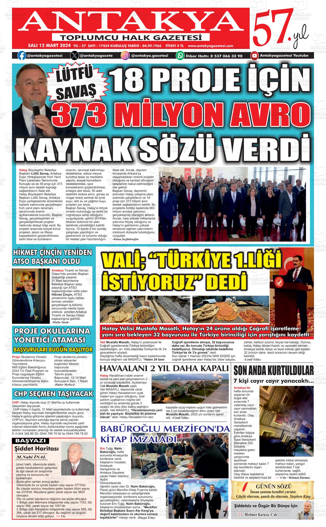 12 Mart 2024 Antakya Gazete Manşeti