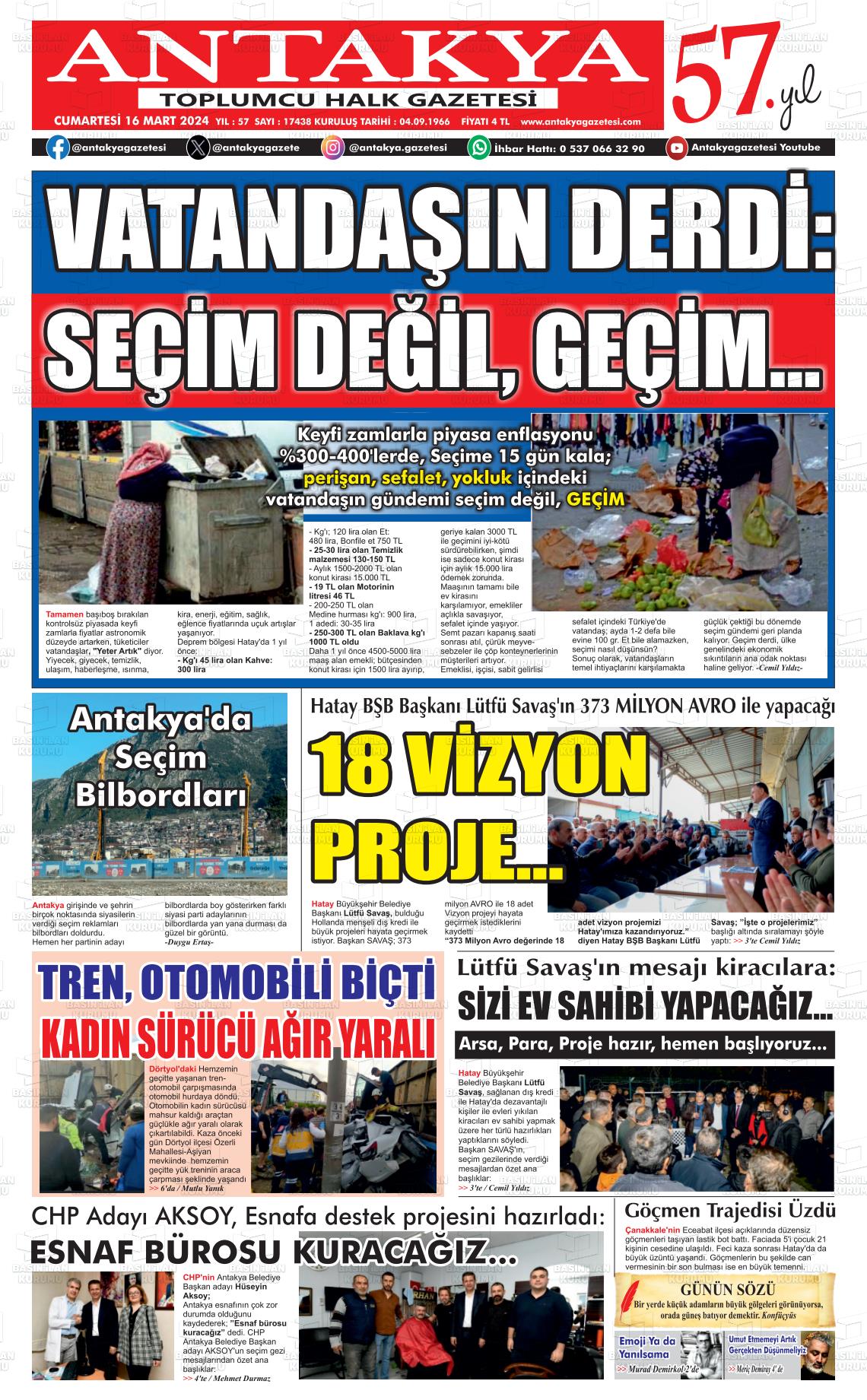 16 Mart 2024 Antakya Gazete Manşeti