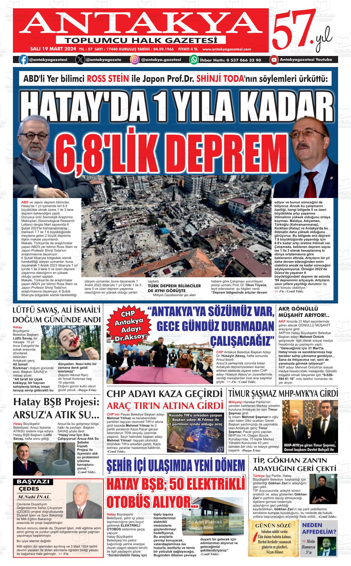 19 Mart 2024 Antakya Gazete Manşeti