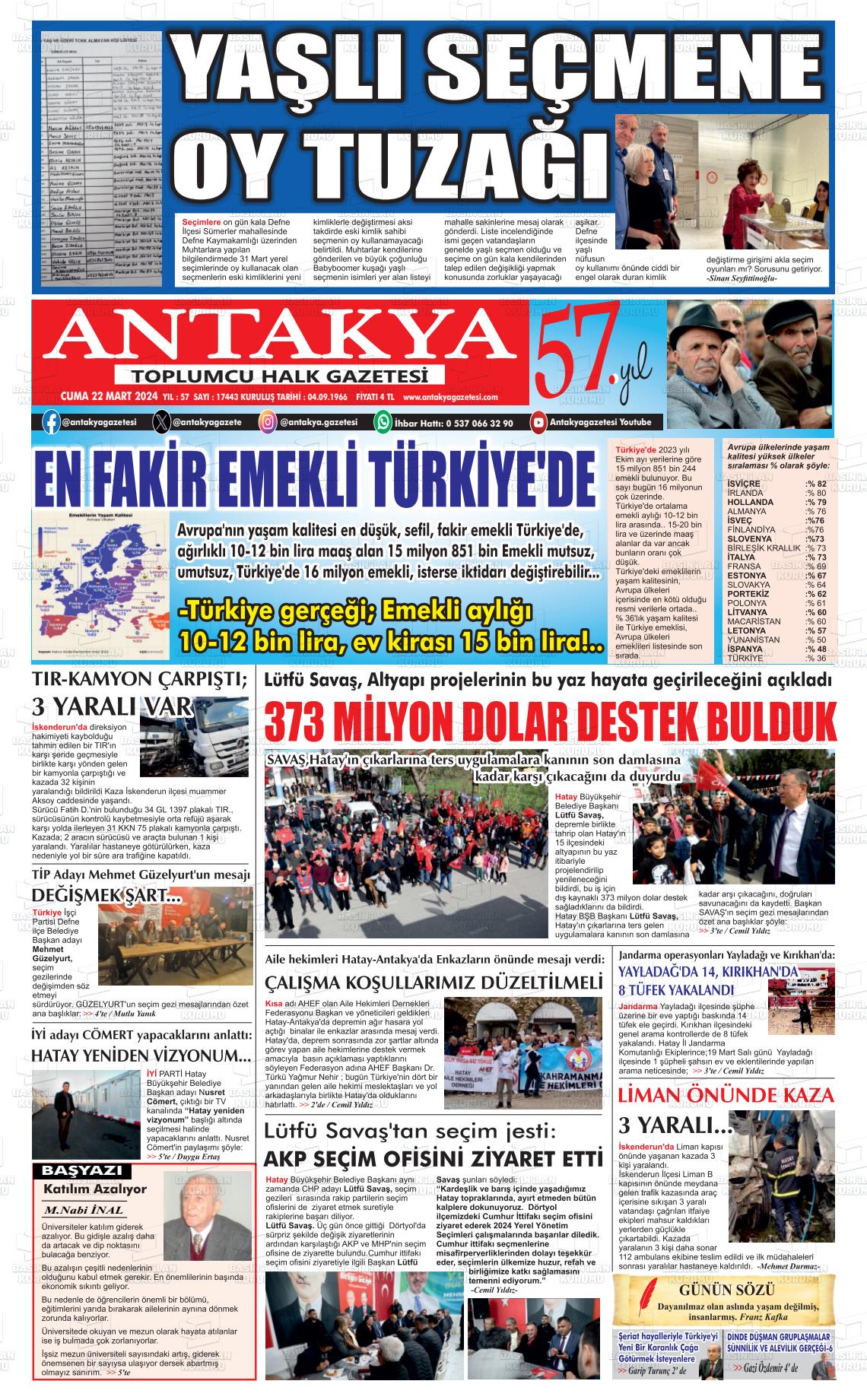 22 Mart 2024 Antakya Gazete Manşeti