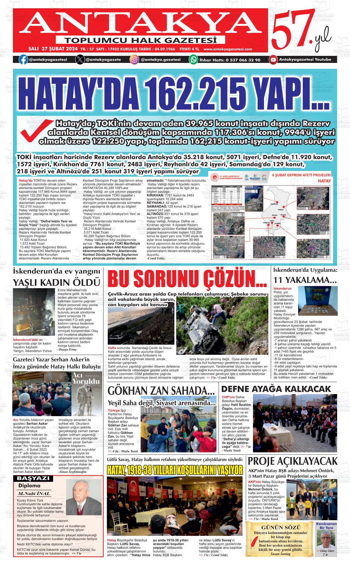 27 Şubat 2024 Antakya Gazete Manşeti