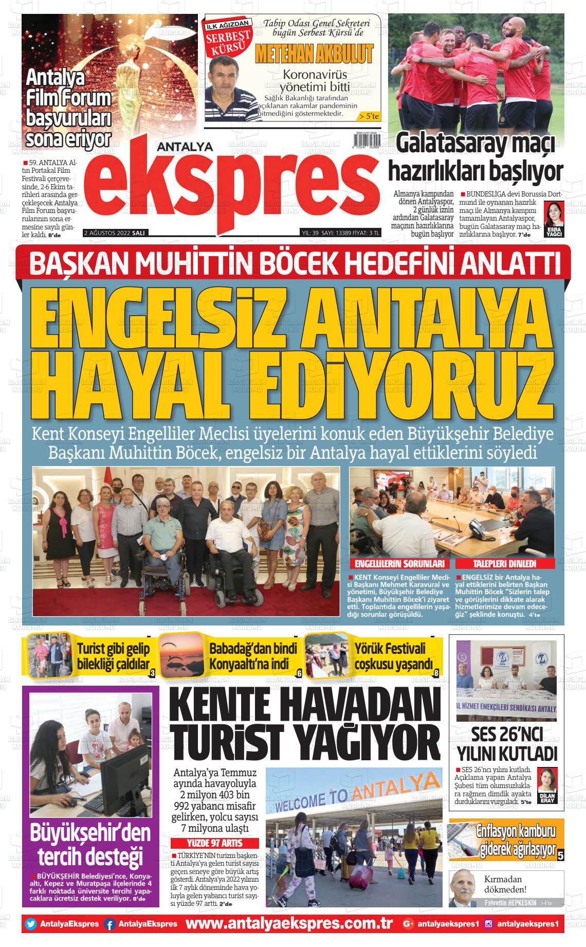 02 Ağustos 2022 Antalya Ekspres Gazete Manşeti