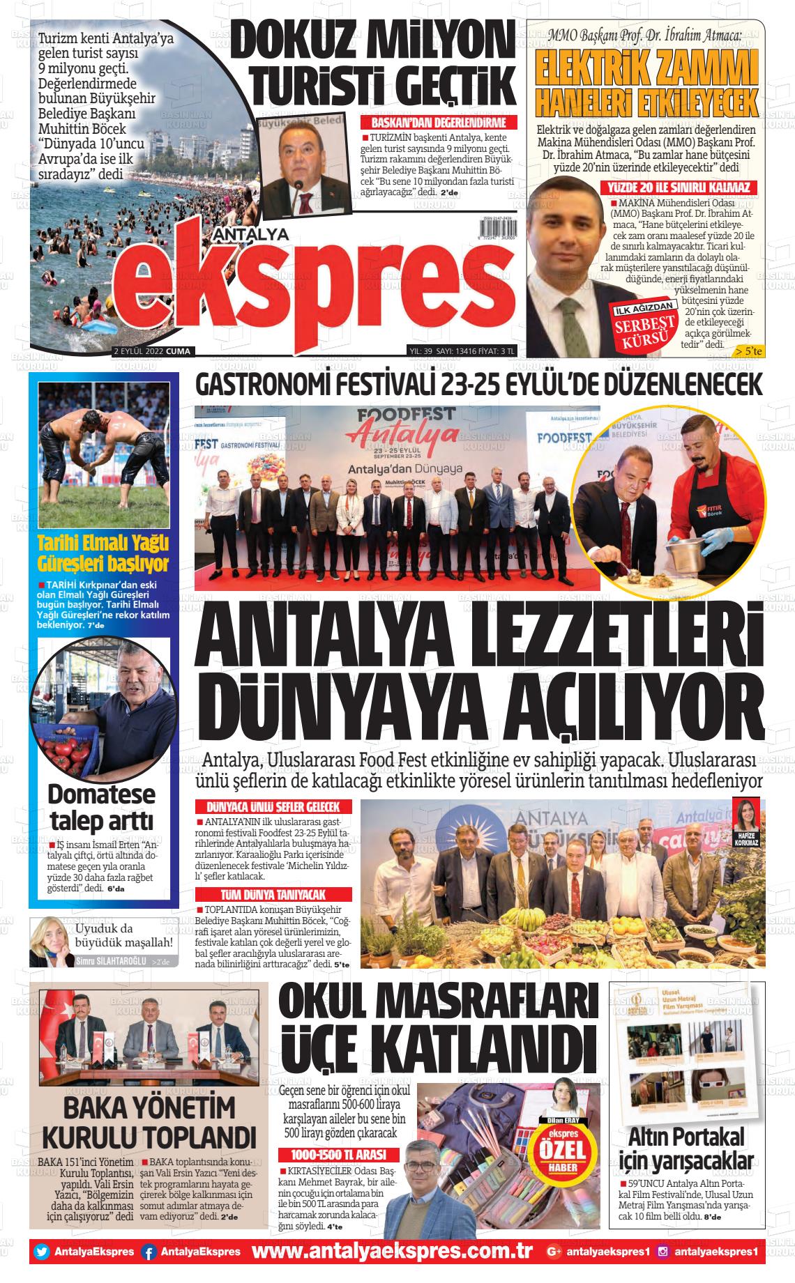 02 Eylül 2022 Antalya Ekspres Gazete Manşeti